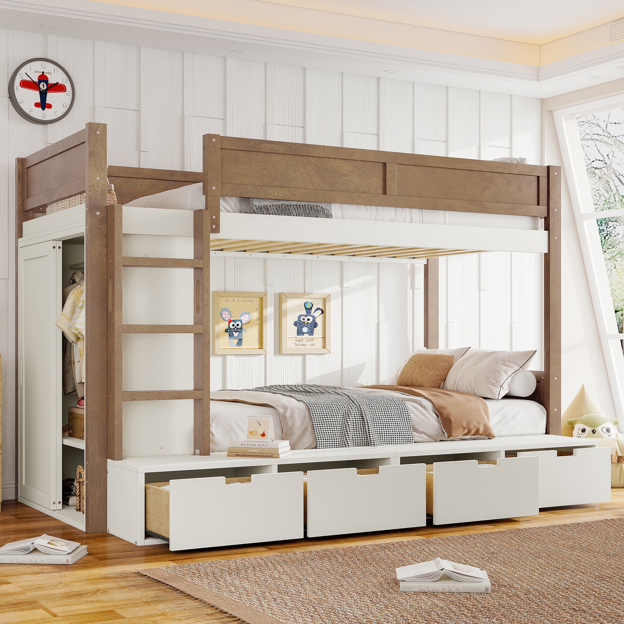 CHITA Twin Over Twin Beige And Natural Bunk Bed with Built-In Wardrobe ...
