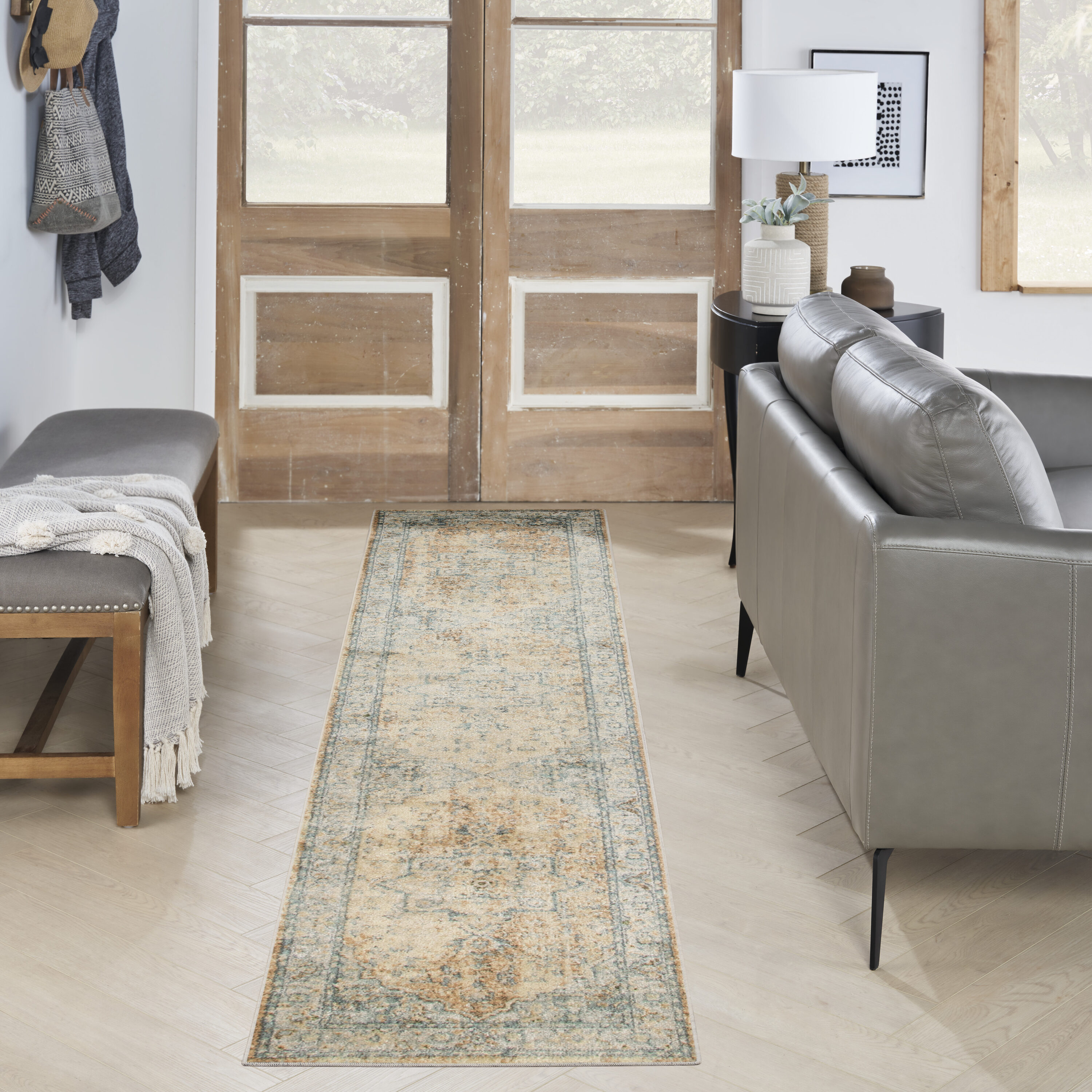 Nourison Home 099446944672 2 x 8 (ft) Loomed Polyester Beige Blue Rectangular Indoor Persian Machine washable Area rug