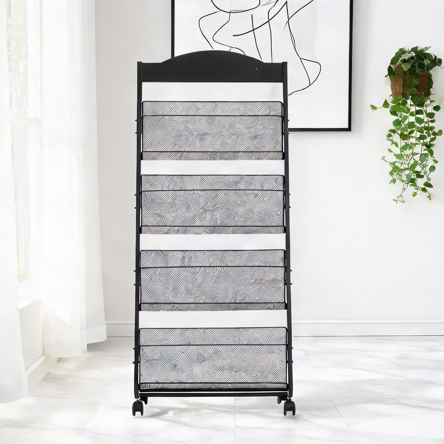 FlowLuxe Iron 4-Tier Freestanding Literature Display Rack with Wheels 29.33 in Deep Black