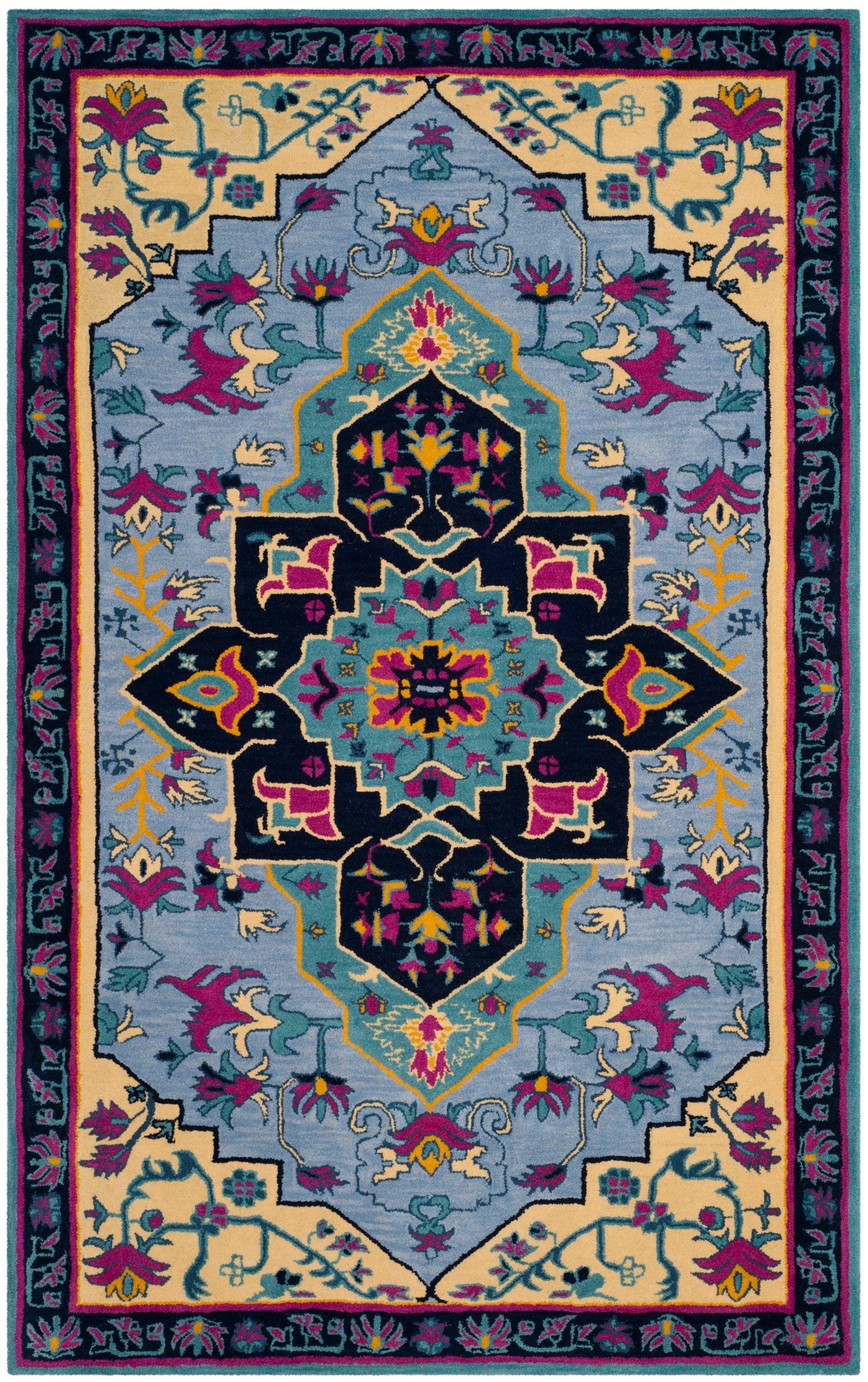 Handmade Light Blue and Multi Wool Rectangular Area Rug, 5'x8'