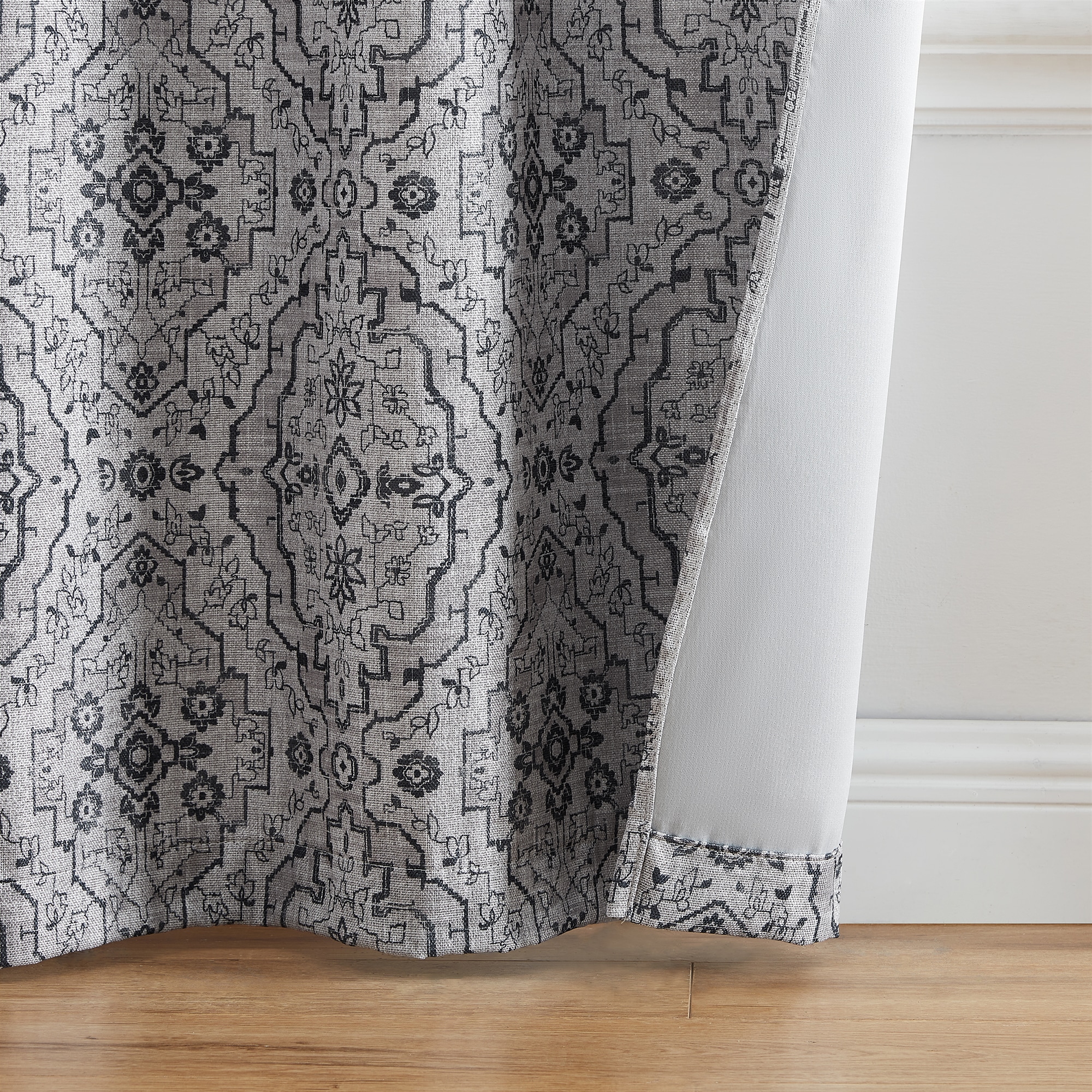 Charcoal Gray Ikat Blackout Grommet Window Curtain Panels, 37" x 63"