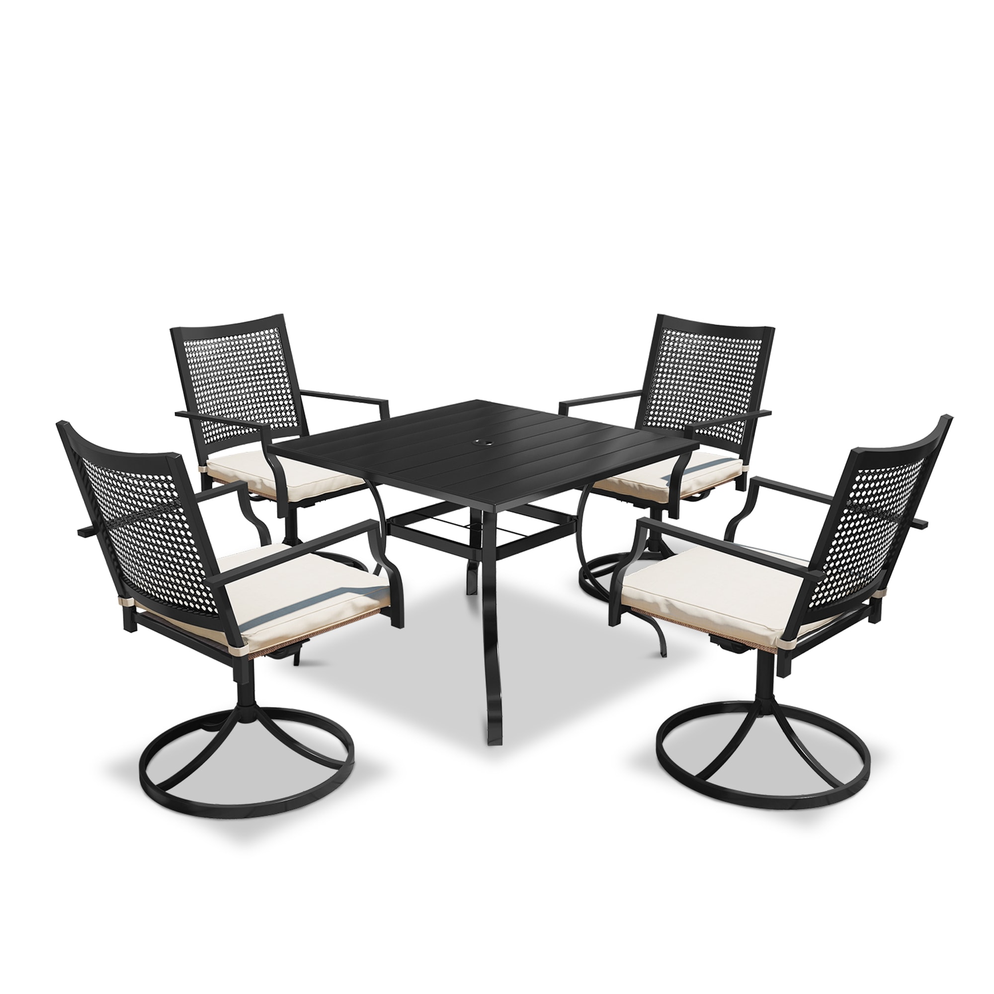 CASAINC CAC3312T962 Patio Dining Set lron Square Table with 4pcs Swivel Chairs 5 -Piece Black Woven Patio Dining Set Iron Square Table with 4 Off-white Swivel Chairs