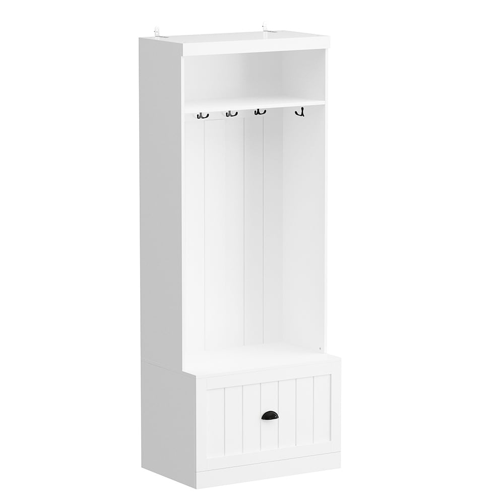  V-KF020325-01 Hall Tree with Bench and Drawer Entryway Coat Rack Closet Stand with 6 Double Hooks for Entrance Hallway White