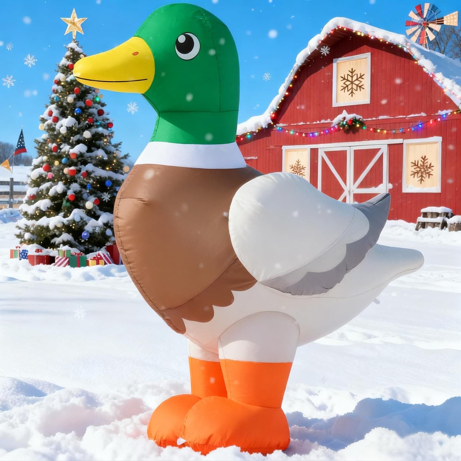 Etokfoks  6 ft mallard duck inflatable outdoor yard decor blow up animal with built in LED lights for lawn and farm themes