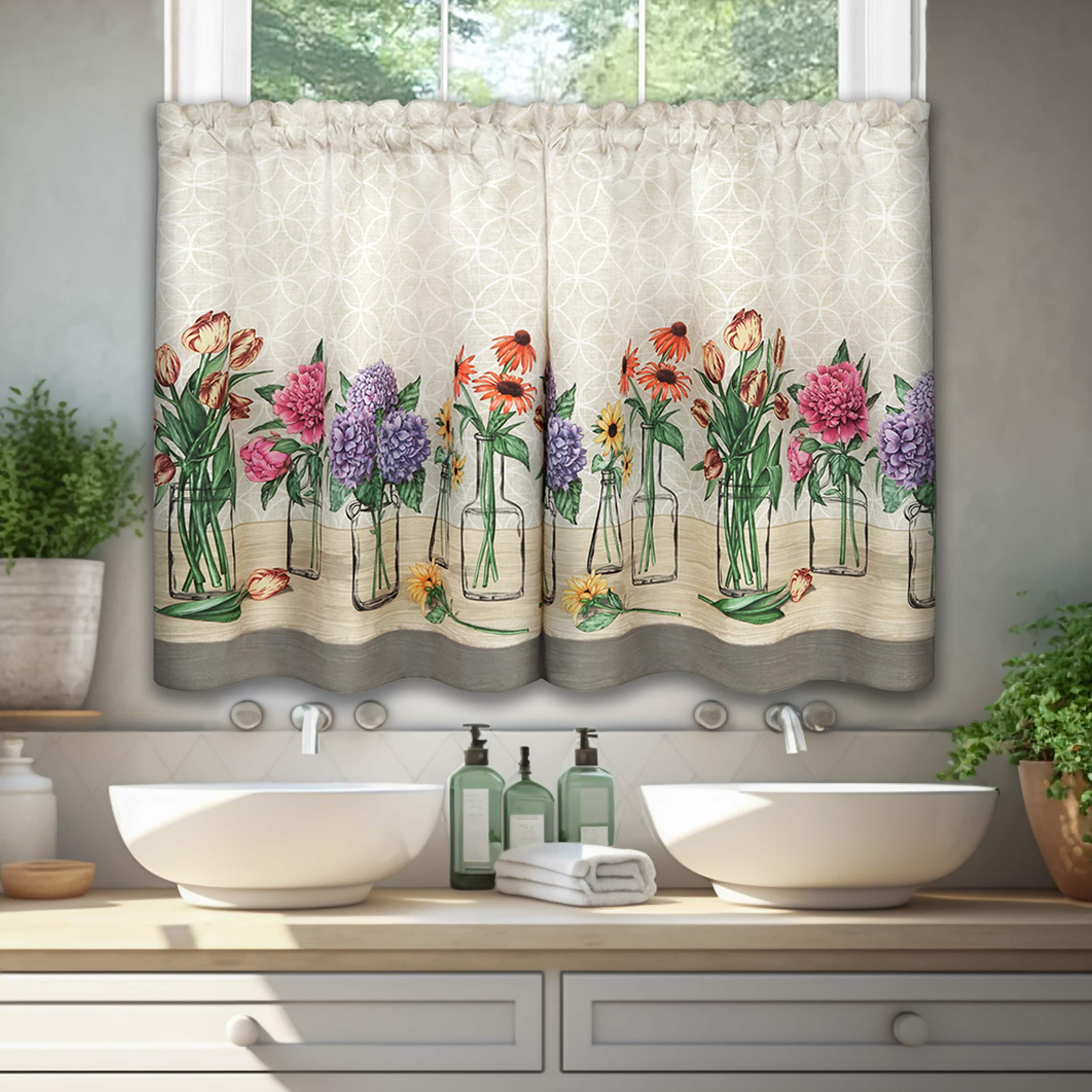 Garden Blooms Floral Print Polyester Tier Curtains with Valance, 58" x 36"