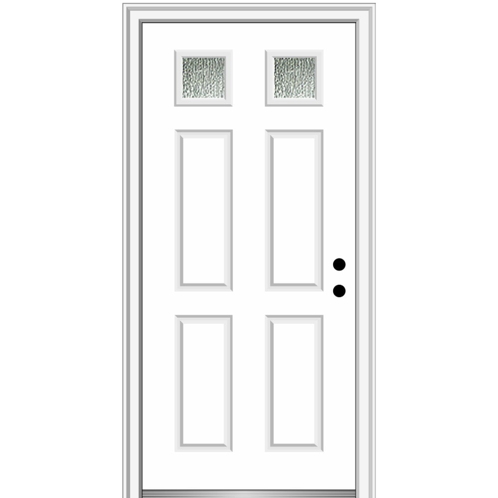 MMI DOOR ZZ371030L Rainglass 32-in x 80-in x 4-9/16-in Fiberglass 1/4 lite Left-hand inswing Primed Prehung Front Door with Brickmould Solid core