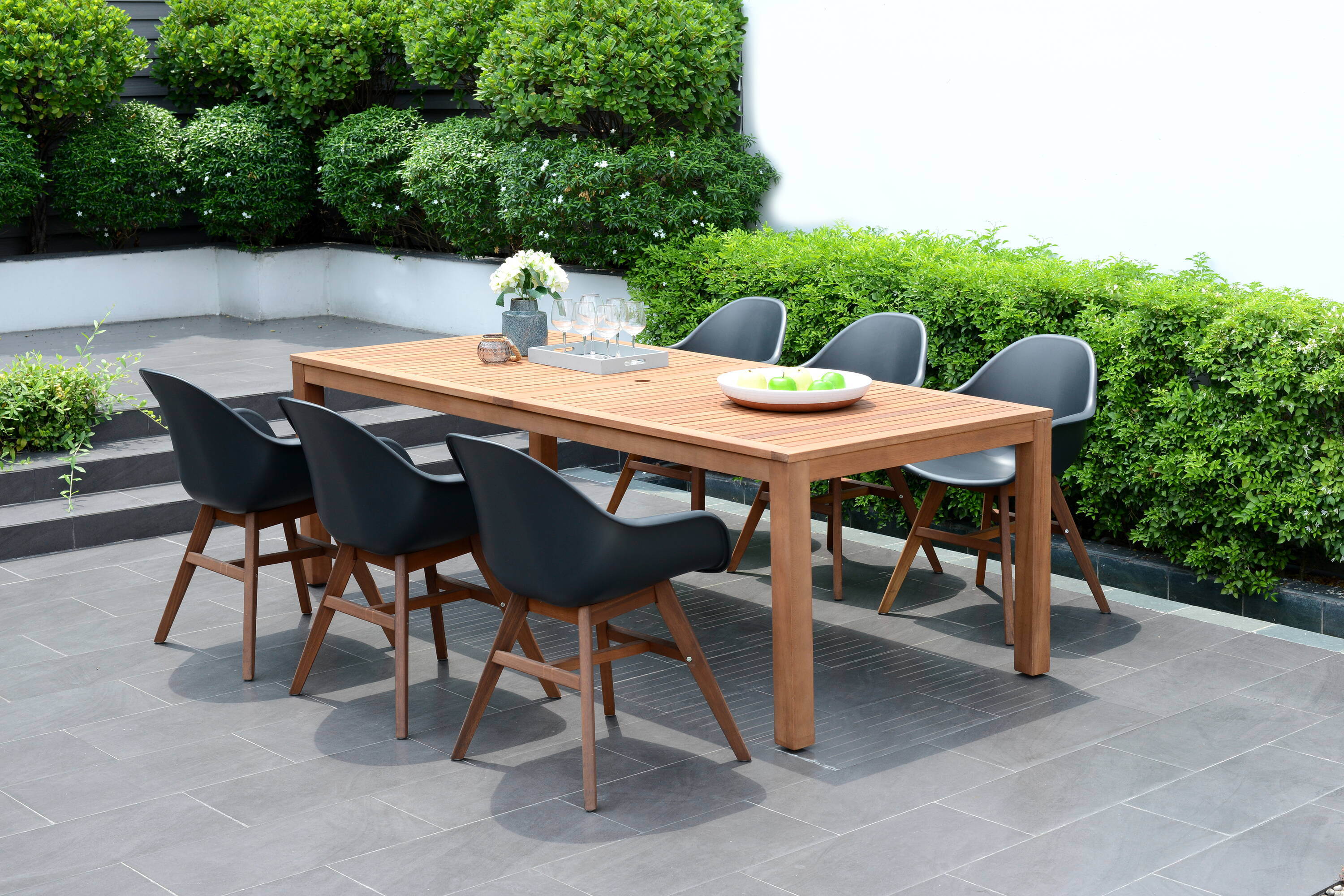 Amazonia LWSORLREC6VALGR International Home 7 -Piece Black Patio Dining Set Wood Rectangle Table with 6 Stationary Chairs