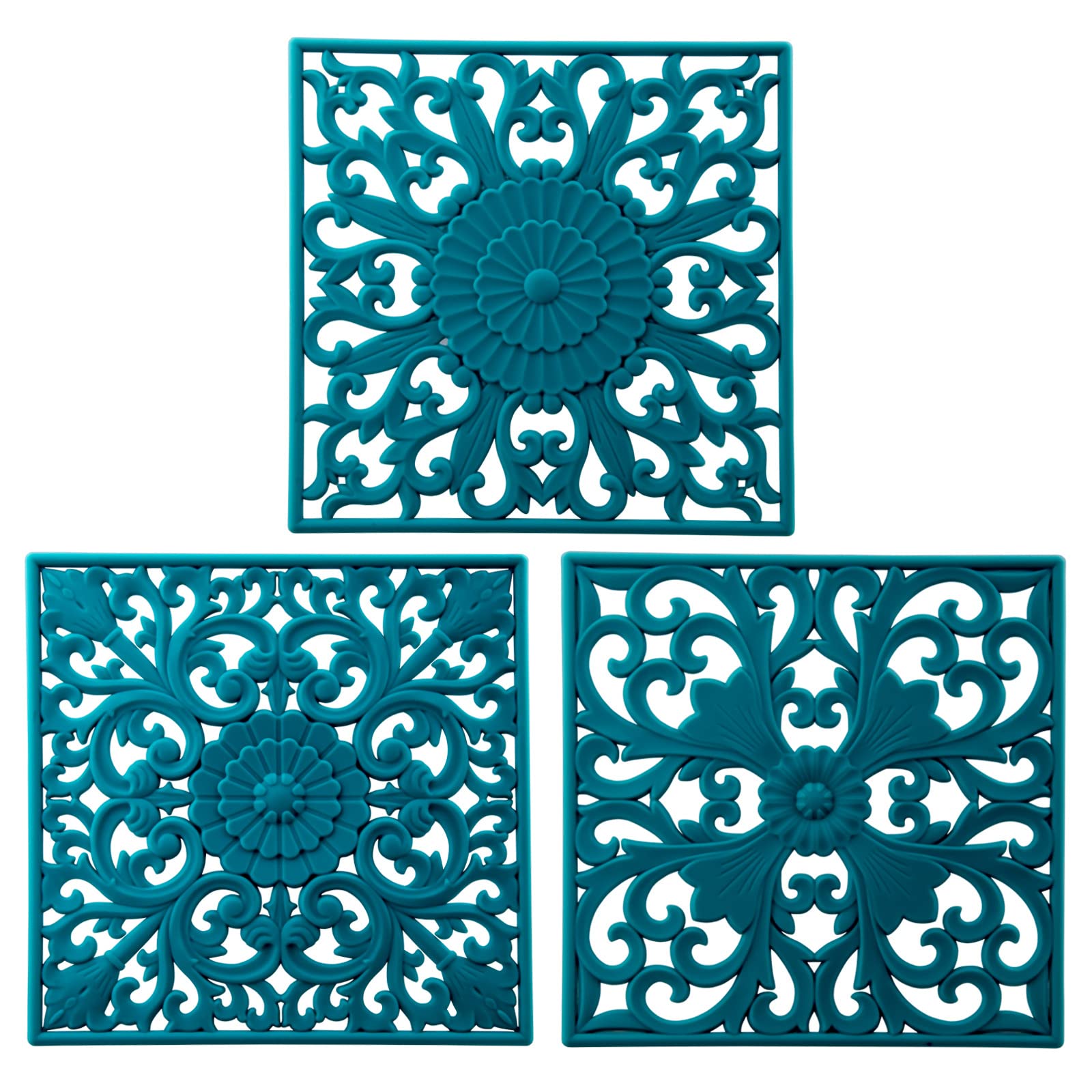 DHMHD  Silicone Trivets for Hot Dishes Pots and Pans Square Hot Pads for Kitchen Counter Durable Heat Resistant Pot Holders Set of 3 Color Teal