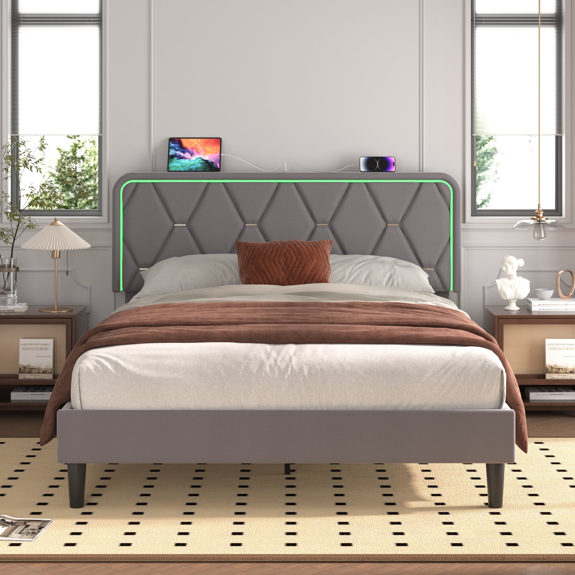 Vecelo LOE-QB11-GRY Upholstered Queen Bed Frame with Headboard Adjustable Velvet Platform Bed with LED Lights Charging Station Gray