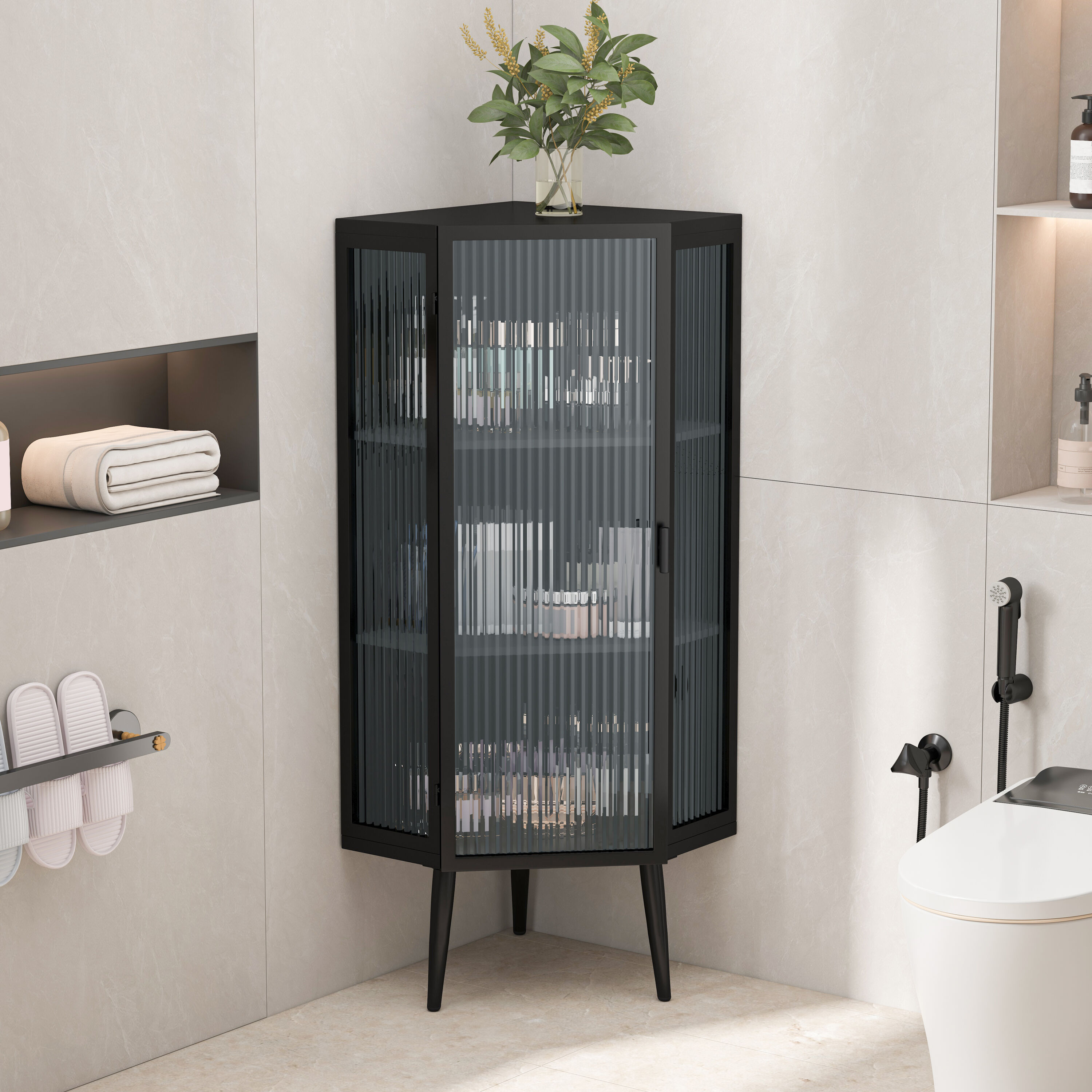 KTMBDW Corner Bathroom Cabinet with Glass Doors and Storage Shelf for Bathrooms Living Rooms (Black)
