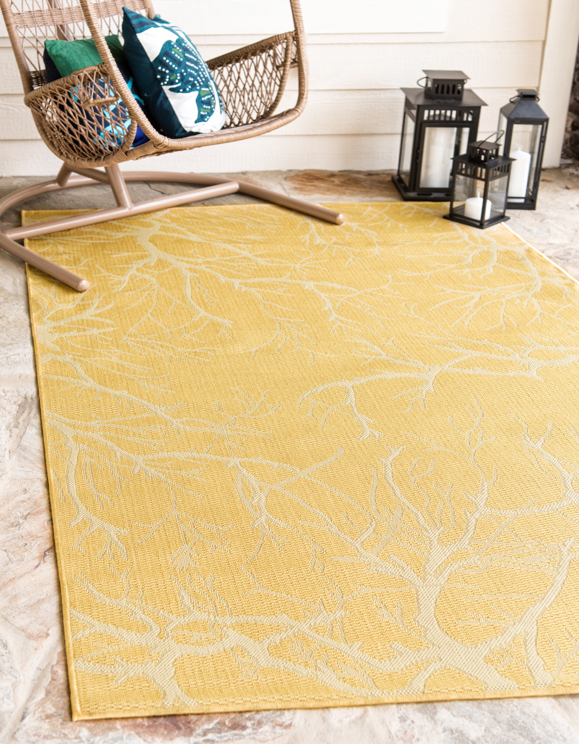 Yellow and White Rectangular Synthetic Outdoor Area Rug