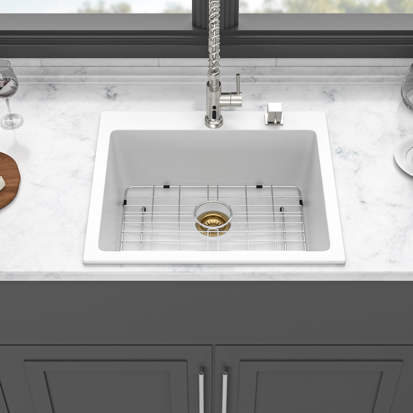 Afhocomp Drop-in 25-in x 22-in Quartz 16 Gauge Single bowl Kitchen Sink in Off-white