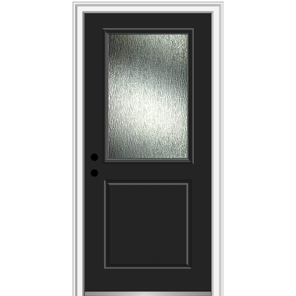 MMI DOOR ZZ367262R Rainglass 32-in x 80-in x 6-9/16-in Fiberglass Half lite Right-hand inswing Black Painted Prehung Front Door with Brickmould Solid core