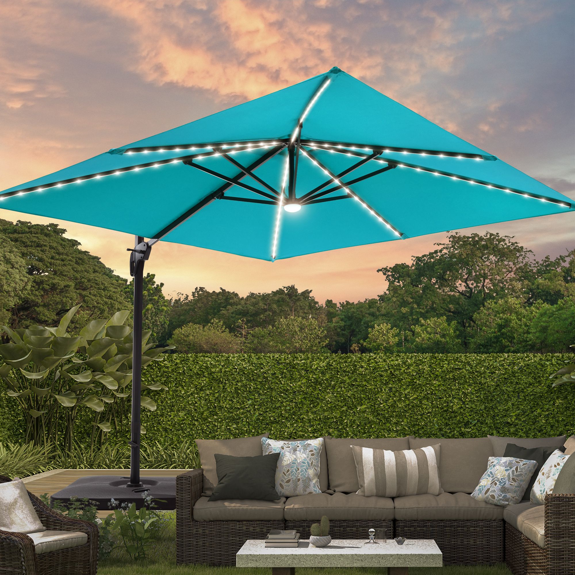 Sonkuki SD-LEDZD33-LB 10-ft Aluminum Blue No-tilt Cantilever Patio Umbrella with Lights with Base