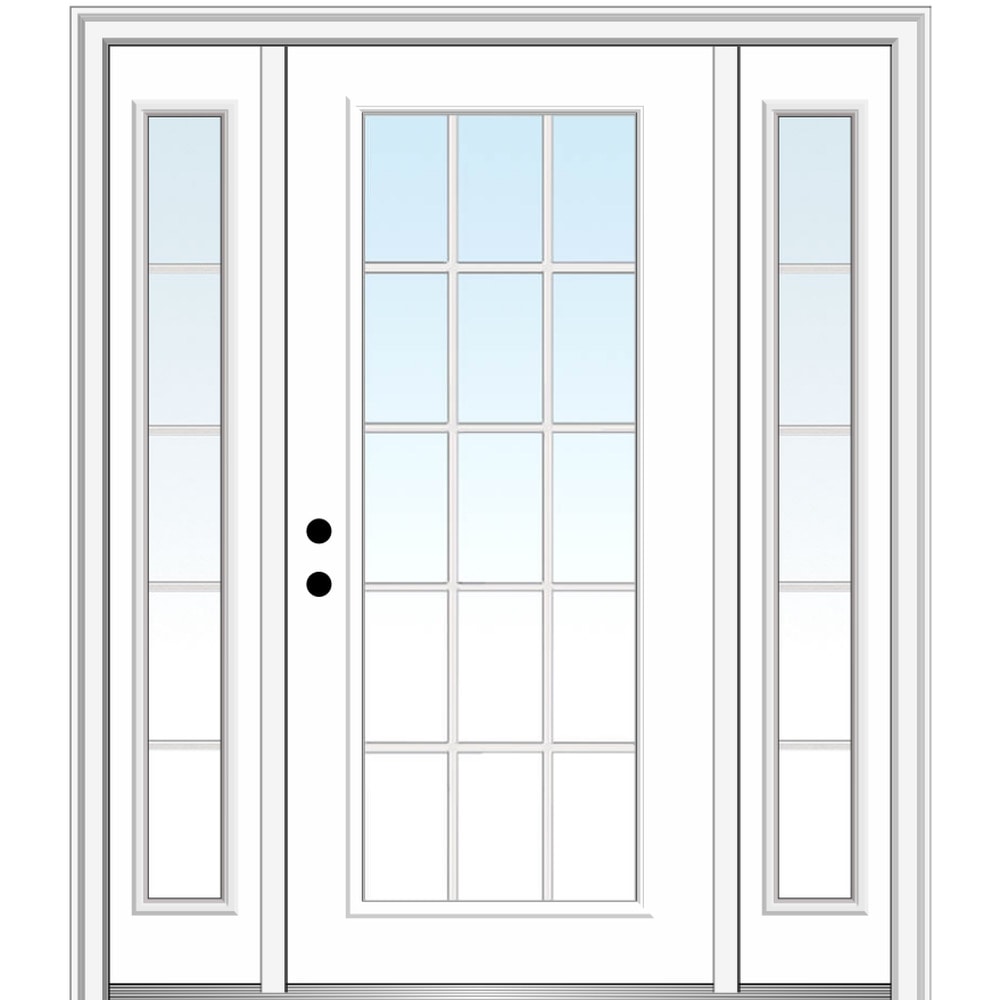 MMI DOOR ZZ29504R 64-in x 80-in x 6-9/16-in Fiberglass Full lite Right-hand inswing Primed Prehung Front Door with Sidelights with Brickmould Insulating core with Grilles