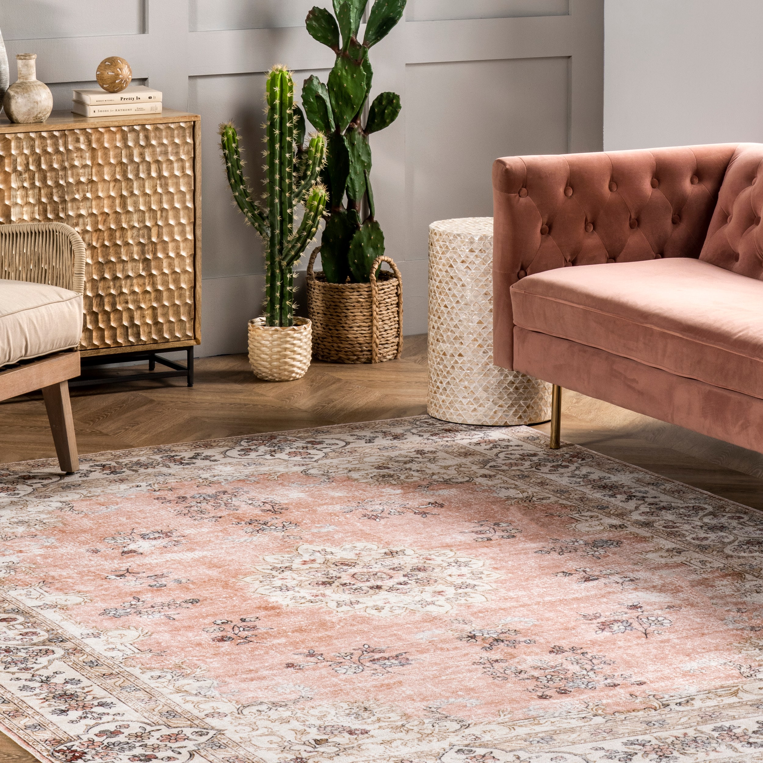 Peach Floral Synthetic Washable Reversible Area Rug