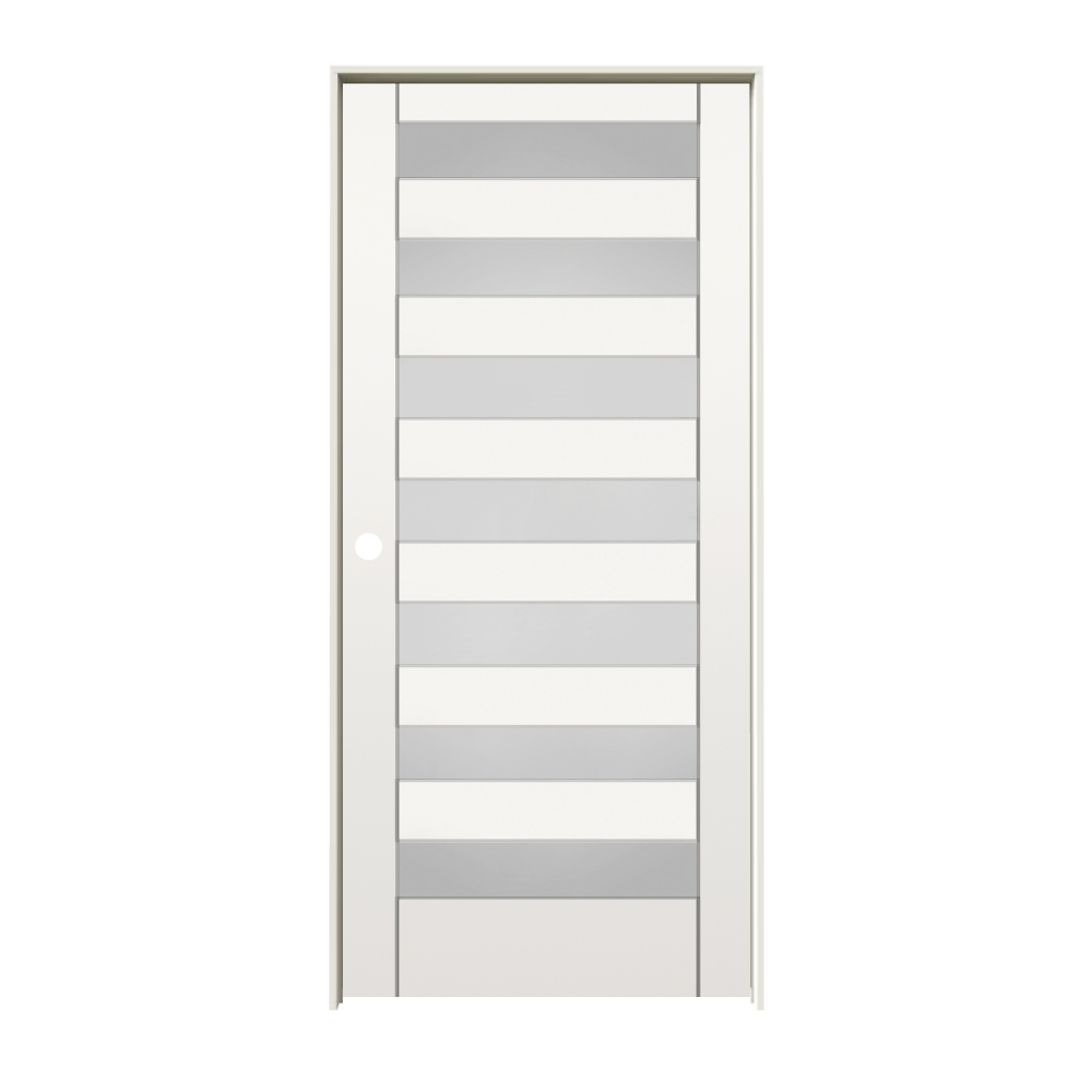 RELIABILT 10129976 24-in x 96-in primed Solid core 7-panel Frosted glass Right hand Smooth Primed MDF Flat Jamb Single Prehung Interior Door