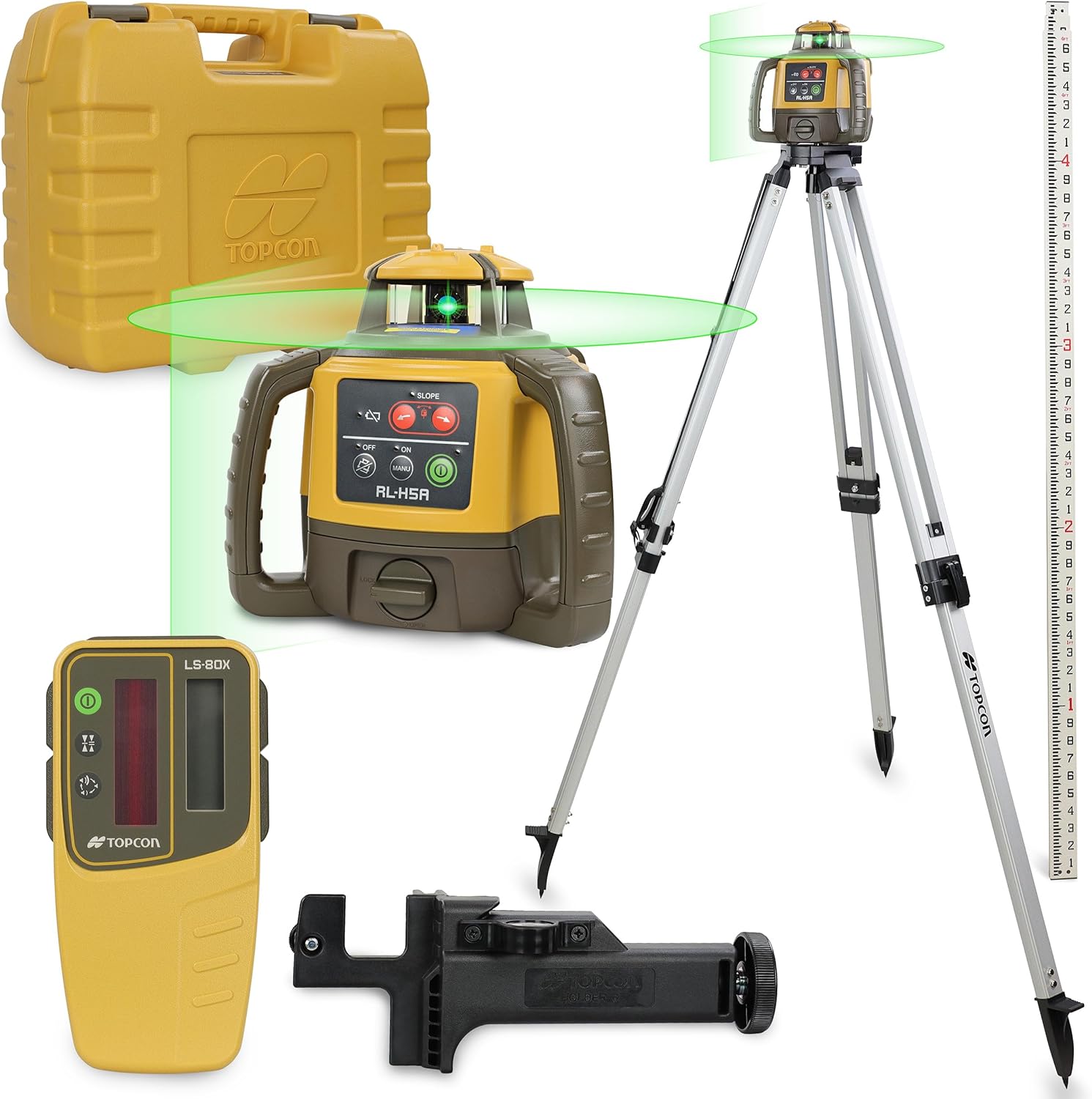 Topcon 327076-KIT RL-H5A Laser Transit Leveler Kit - LS-80X Rotary Laser Receiver with Rod Bracket - 36-60in Precision Level 360 Laser Tripod - 13ft Fiber Rod Level Tool with Tenth Increments for Construction