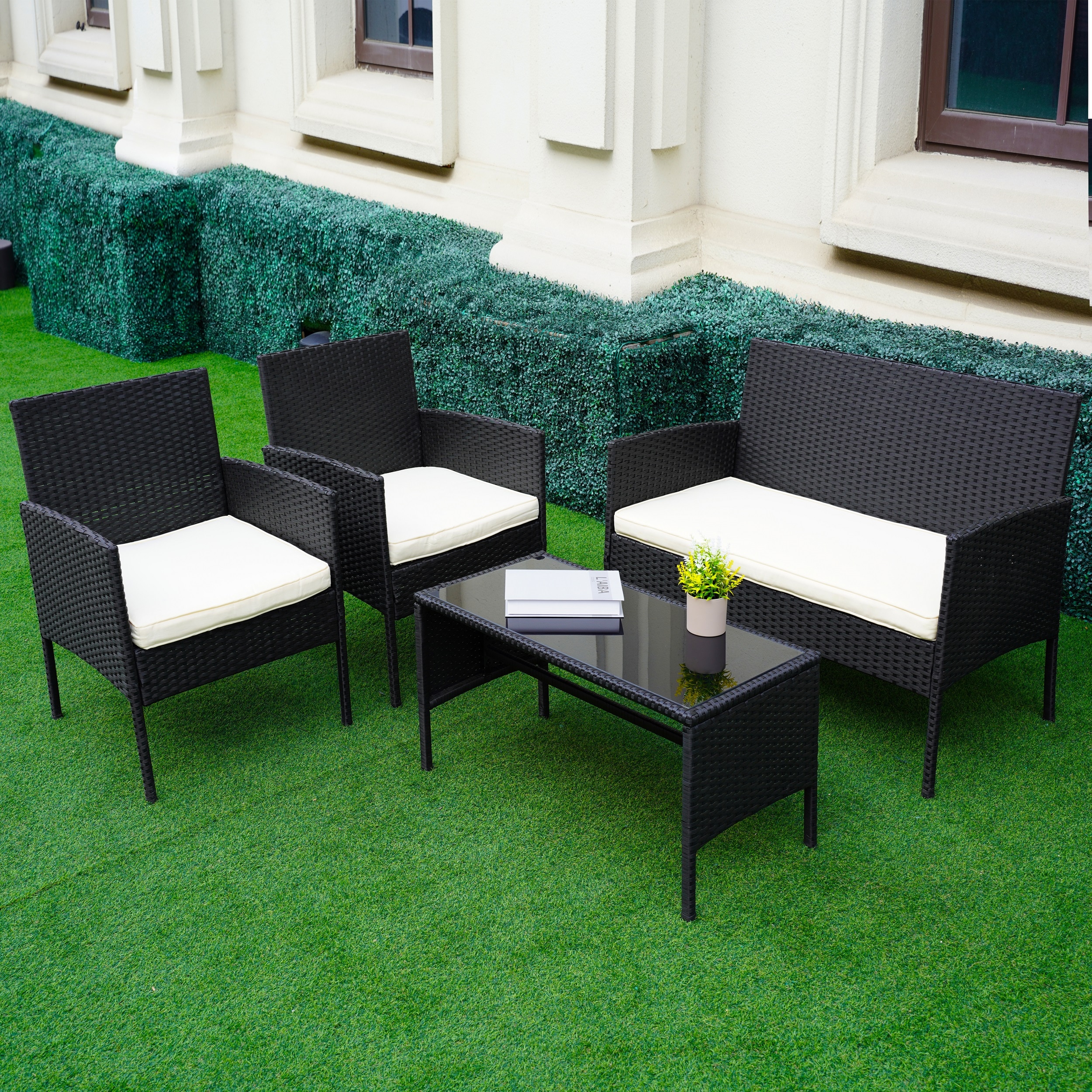 Grearden LS2109-BG Conversation Set 4 -Piece Rattan Patio Conversation Set with Off-white Cushions