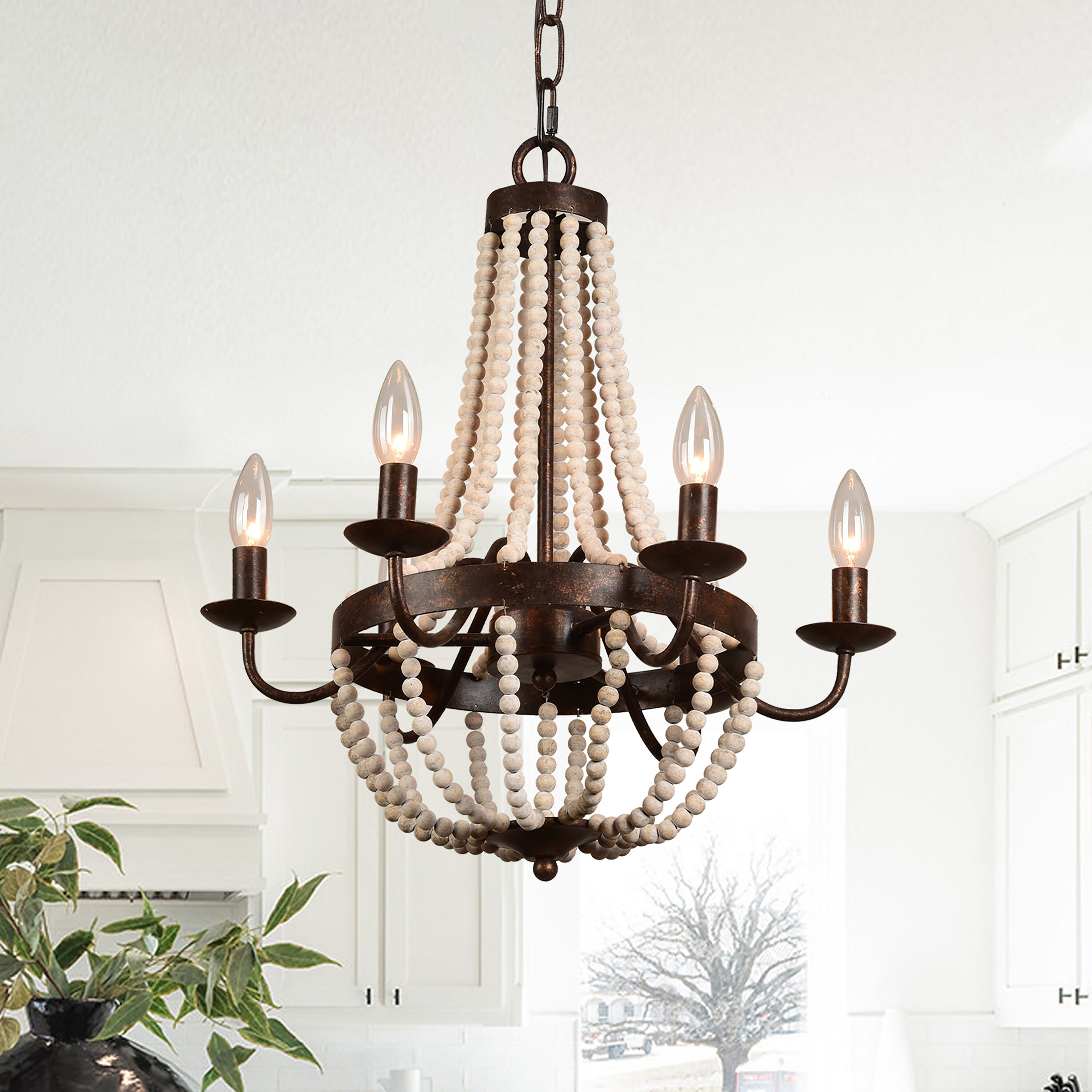 Cusp Barn FC4020-R FC4020 6 -Light Brushed Copper Coastal Beaded Wood For Use in Bedrooms, Dining Rooms, Foyers, Kitchens, Living Rooms Chandelier
