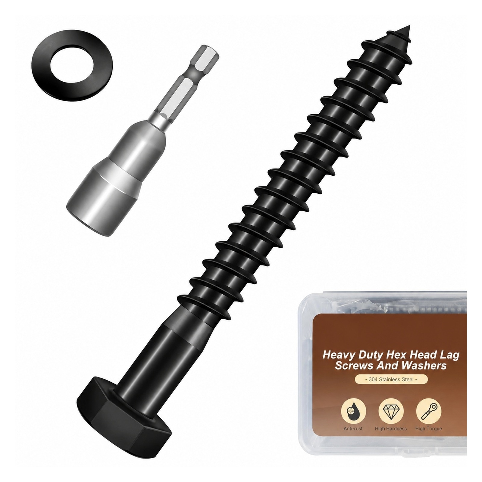 DYRCJ  3/8 in by 3 in Hex Head Lag Screws Bolts with Flat Washers 10 Sets Black 304 Stainless Steel Heavy Duty Lag Bolts for Wood with Hex Socket