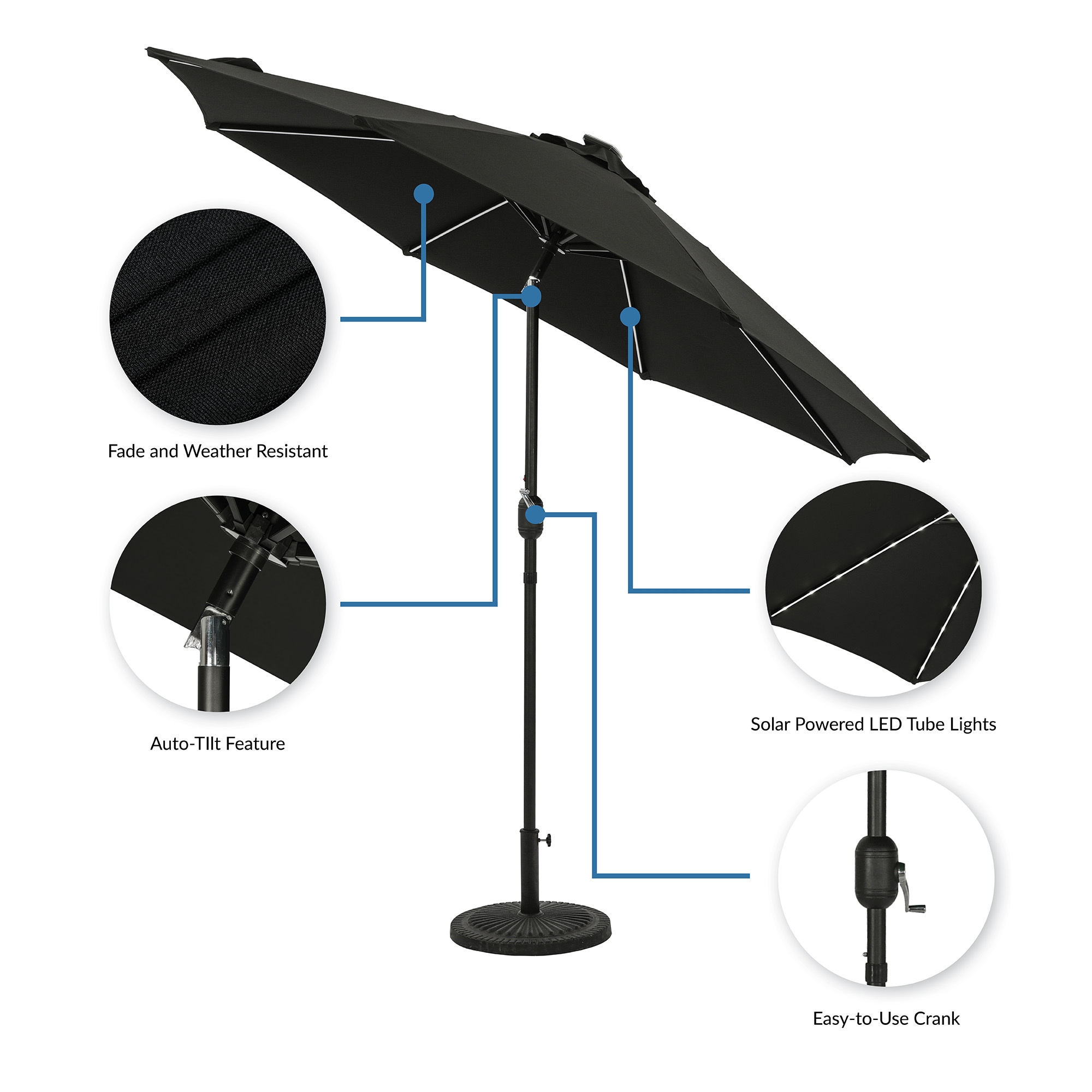 Mirage II Fiesta Black Aluminum Market Patio Umbrella with Solar LED Lights
