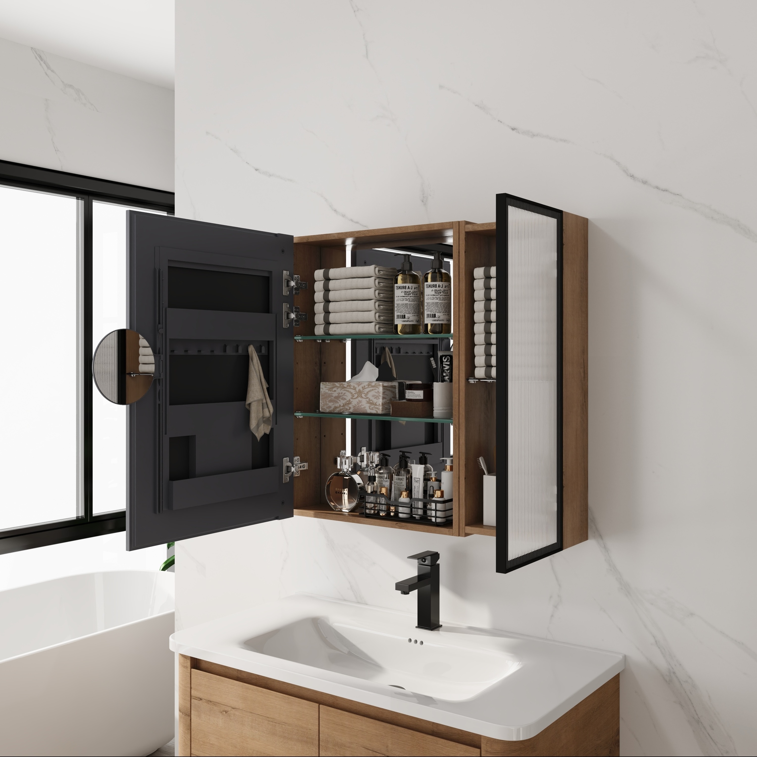 Wooakway 29.63 Inch White Plywood Wall Mounted Medicine Cabinet with Mirror Adjustable Glass Shelves and 1 Door Space Saving Bathroom Storage #FXLS0609-606A722