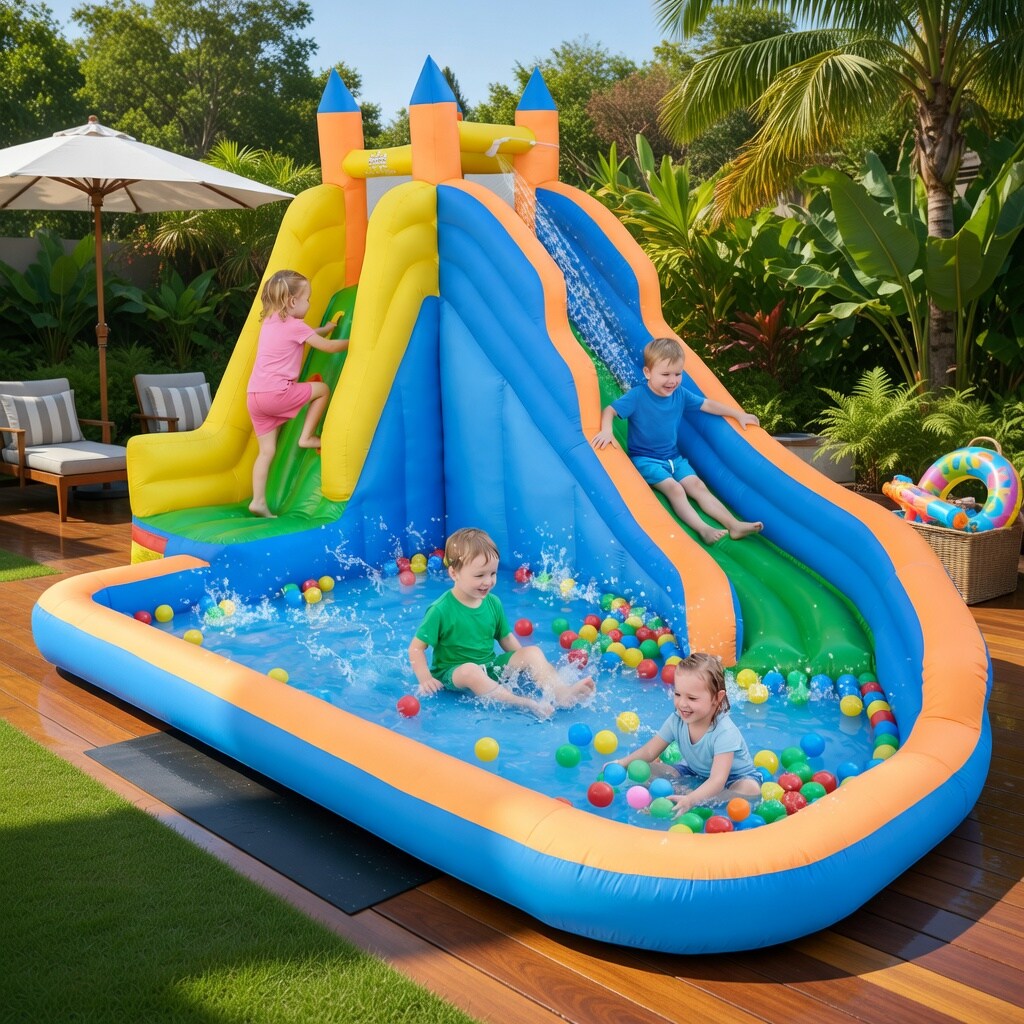 VERYKE Mighty Bounce Inflatable Water Slide for Kids 3 12 157.5 L x 121.5 W x 96.5 H Outdoor Playset with Splash Pool Climbing Wall and Safety Guardrails Blower Not Included