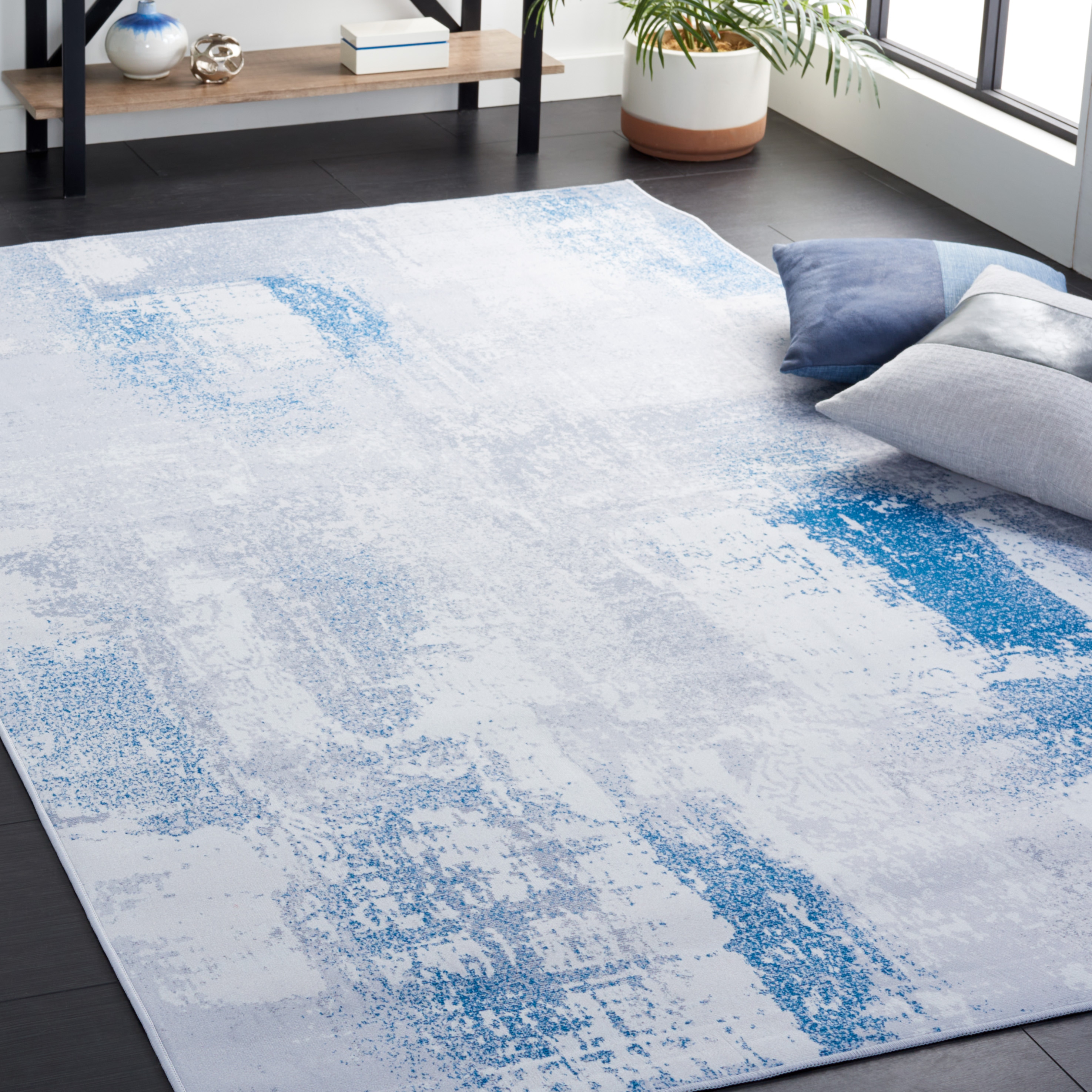 Tacoma Blue and Gray Abstract Washable Area Rug