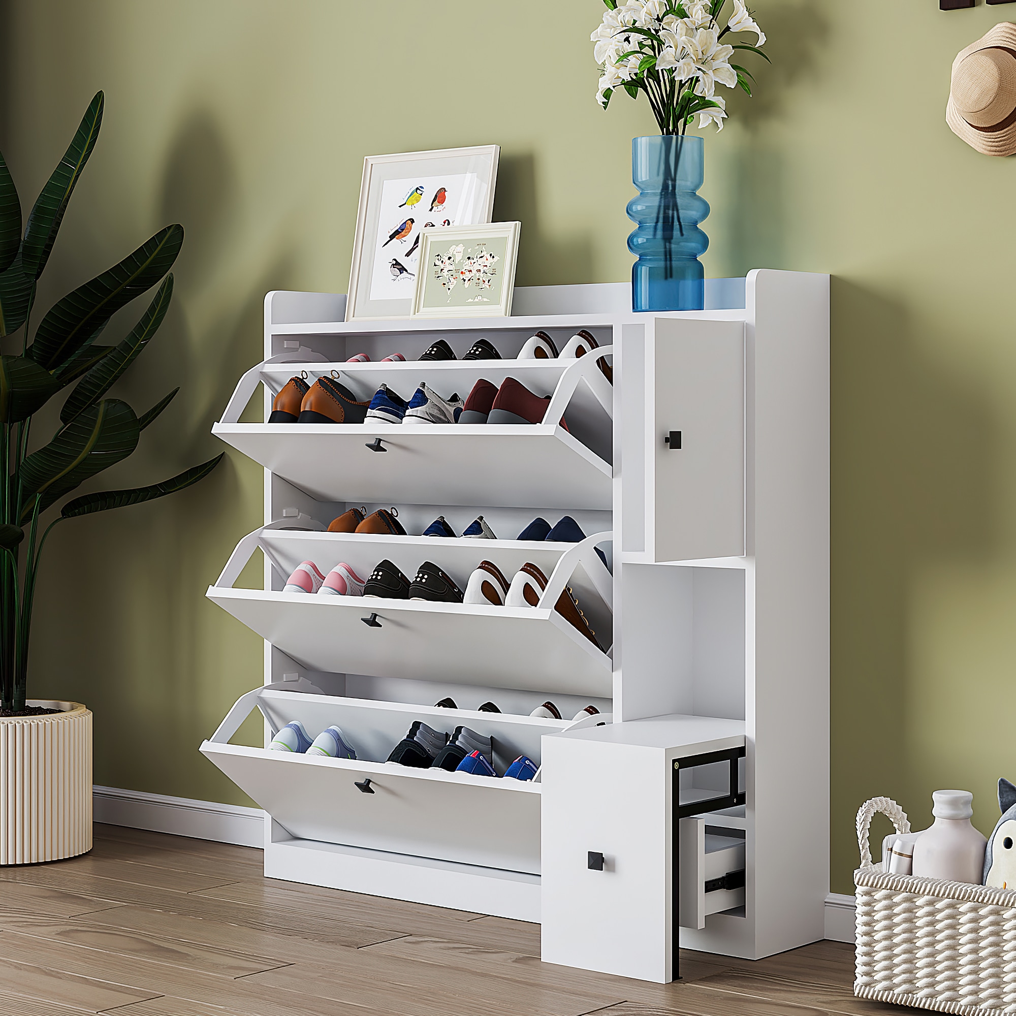 ModernLuxe WF308545AAK Versatile Tipping Bucket Shoe Cabinet with 3 Flip DrawersMaximum Storage Entryway Organizer with DrawerFree Standing Shoe Rack with Pulldown Seat for HallwayWhite