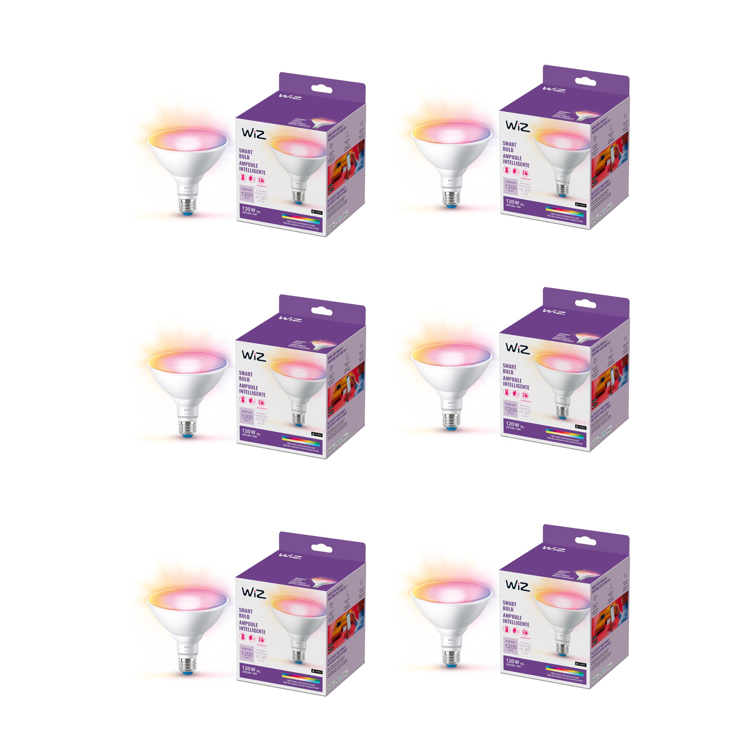 WiZ  Connected 120W PAR38 Color LED Smart Bulb - Pack of 6 - E26 - Indoor/Outdoor - Connects to Wi-Fi - Control with Voice or App - Works with Google Home Alexa Siri