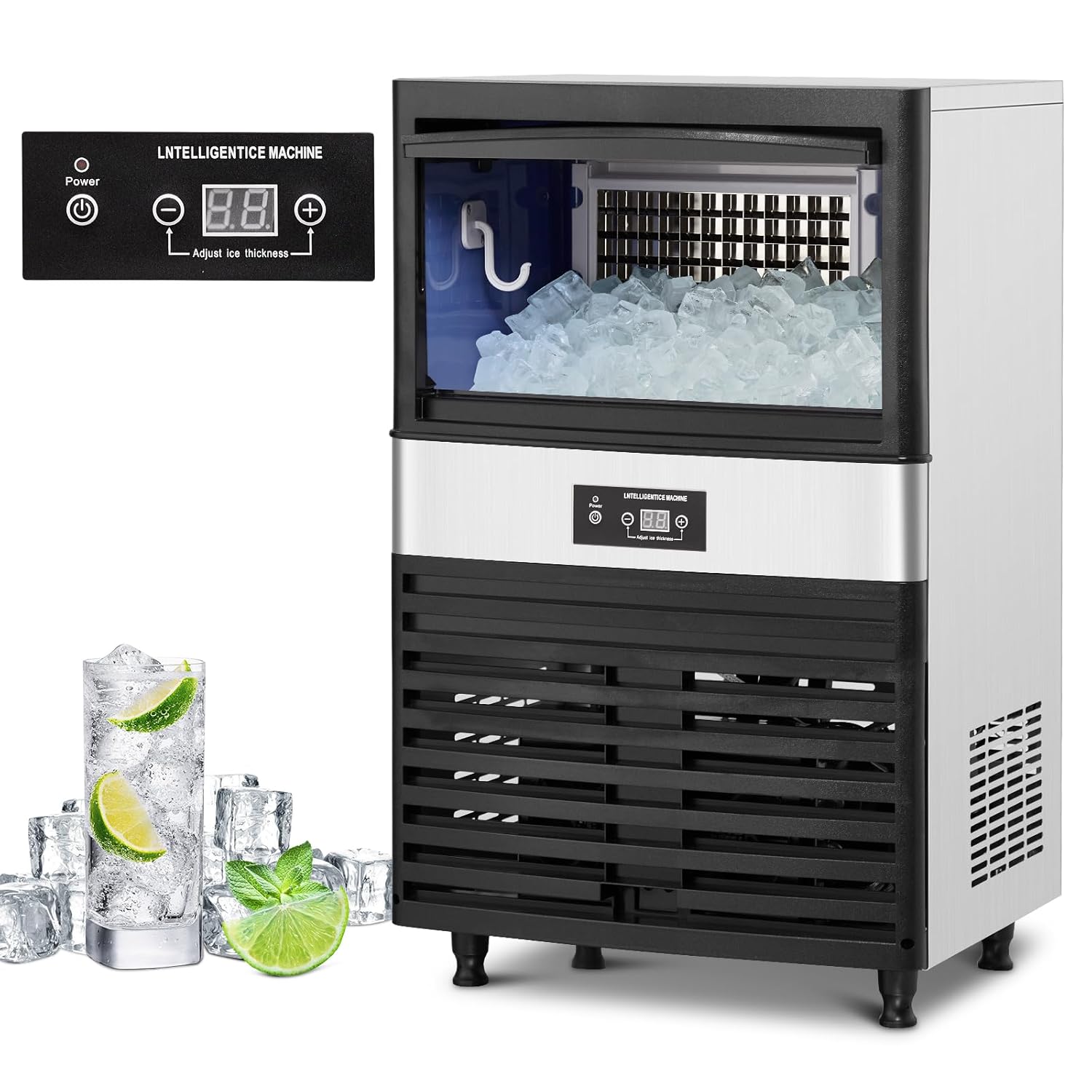 Qeetex LHF-ZBJ-PHO-0YHLZPD3 Commercial Ice Maker Machine - 110 lbs/Day - Stainless Steel Under Counter Ice Machine with 40 lbs Storage - Adjustable Ice Cube Sizes - Freestanding Ice Maker for Restaurants/Bars/Kitchens