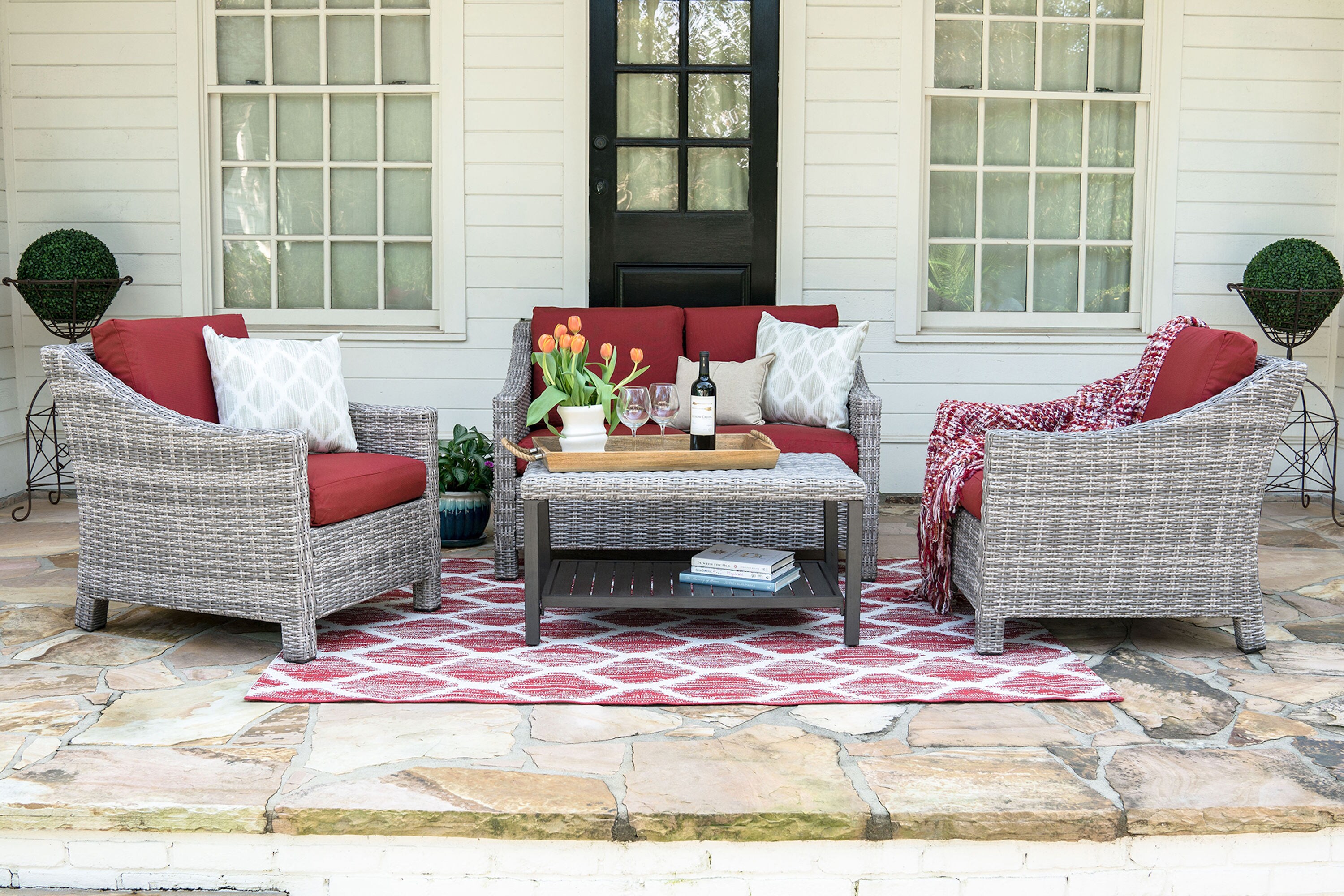 Leisure Made 906420-RED Marietta 4-Piece Wicker Patio Conversation Set with Red Cushions