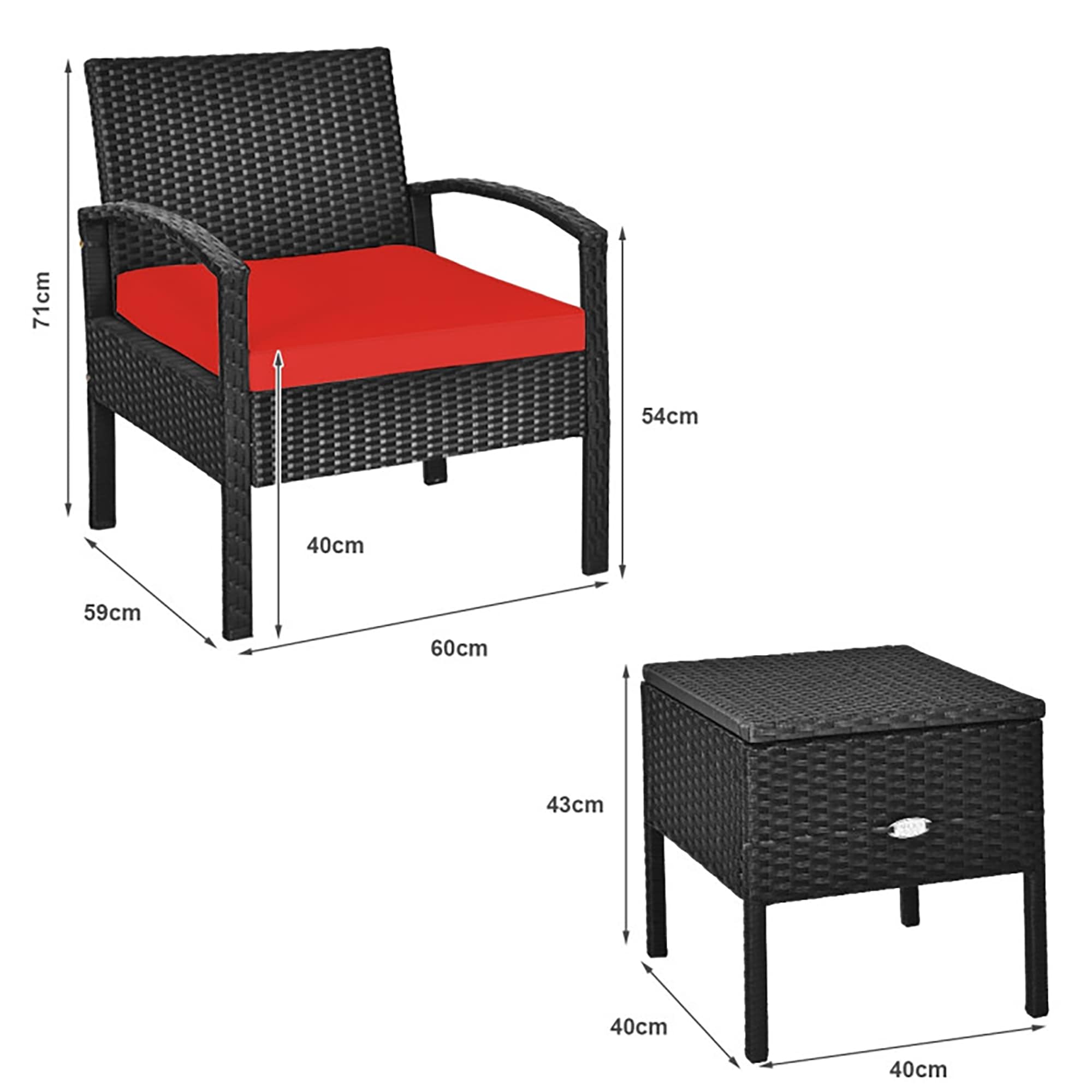 Red Cushioned Black Rattan 2-Person Patio Conversation Set