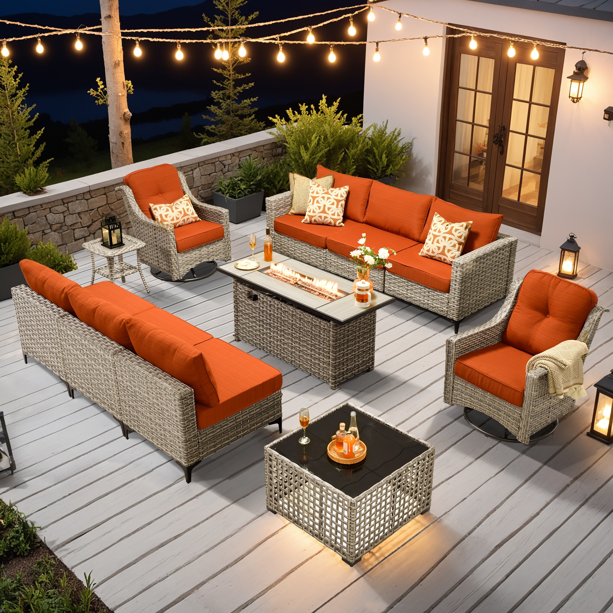 Ovios RFP504-SK80YP 11 -Piece Rattan Patio Conversation Set with Orange Cushions