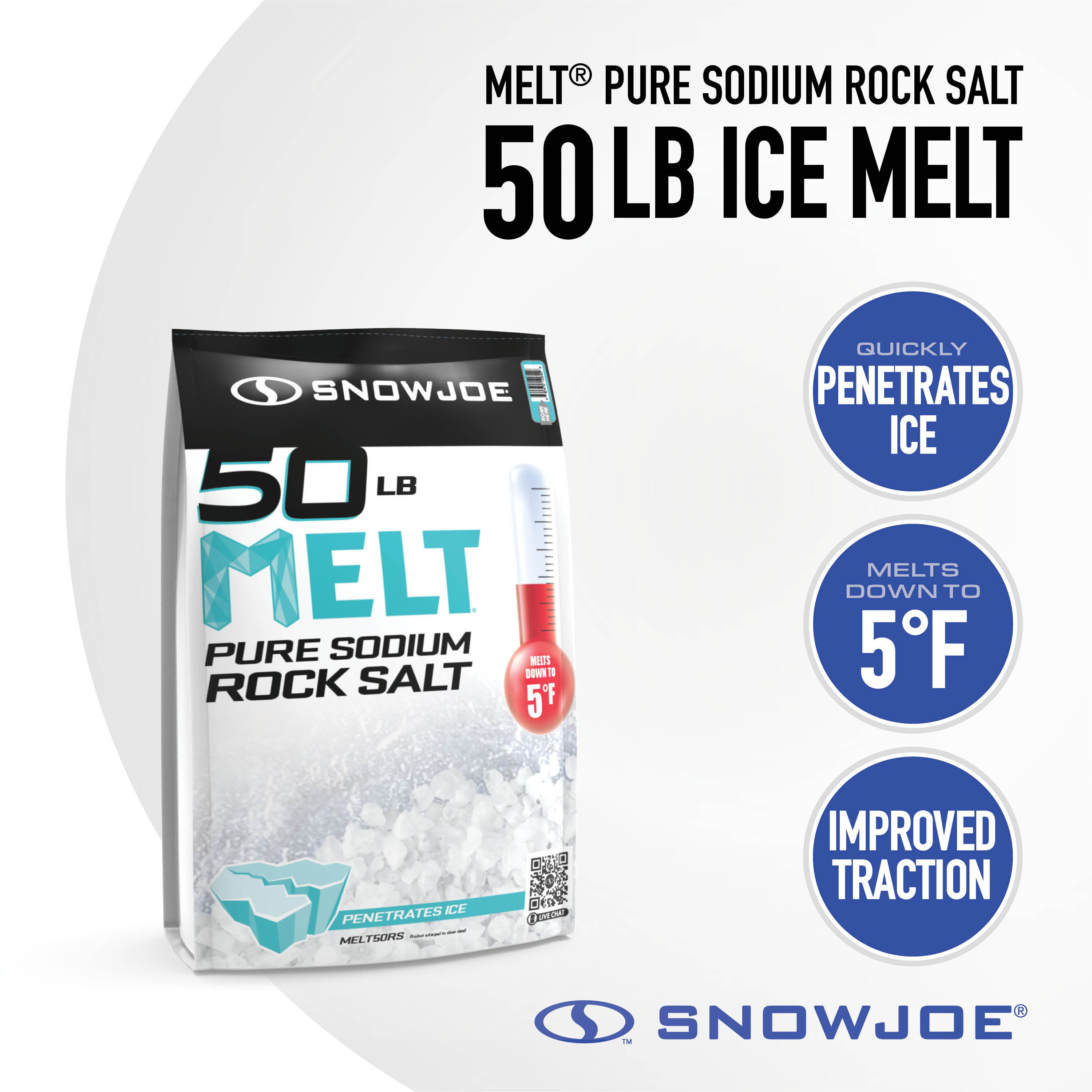 Snow Joe MELT50RS 50-lb MELT Pure Sodium Rock Salt melts snow and ice on contact even at 5 F. It quickly penetrates by lowering the freezing point and forming a brine solution that is easy to shovel away.