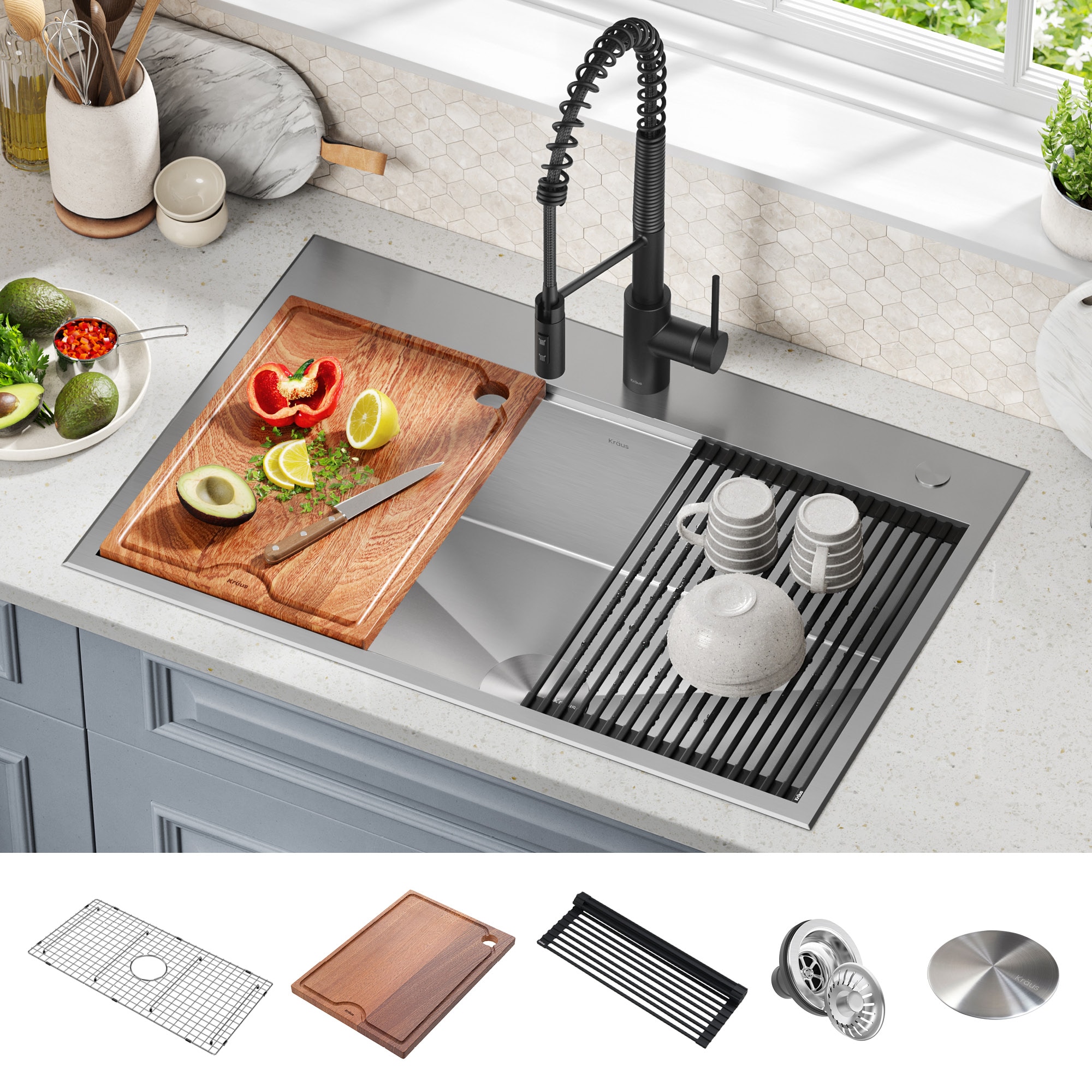 Kraus KWT330-33 Drop-in 33-in x 22-in Stainless steel Single bowl 16 -Gauge Workstation Kitchen Sink