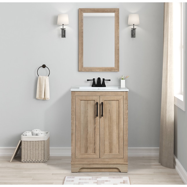 Style Selections Retford 24 In Light Wood Undermount Single Sink Bathroom Vanity With White Porcelain Top Mirror Included The Vanities Tops Department At Com - Under Sink Bathroom Cabinet Wood