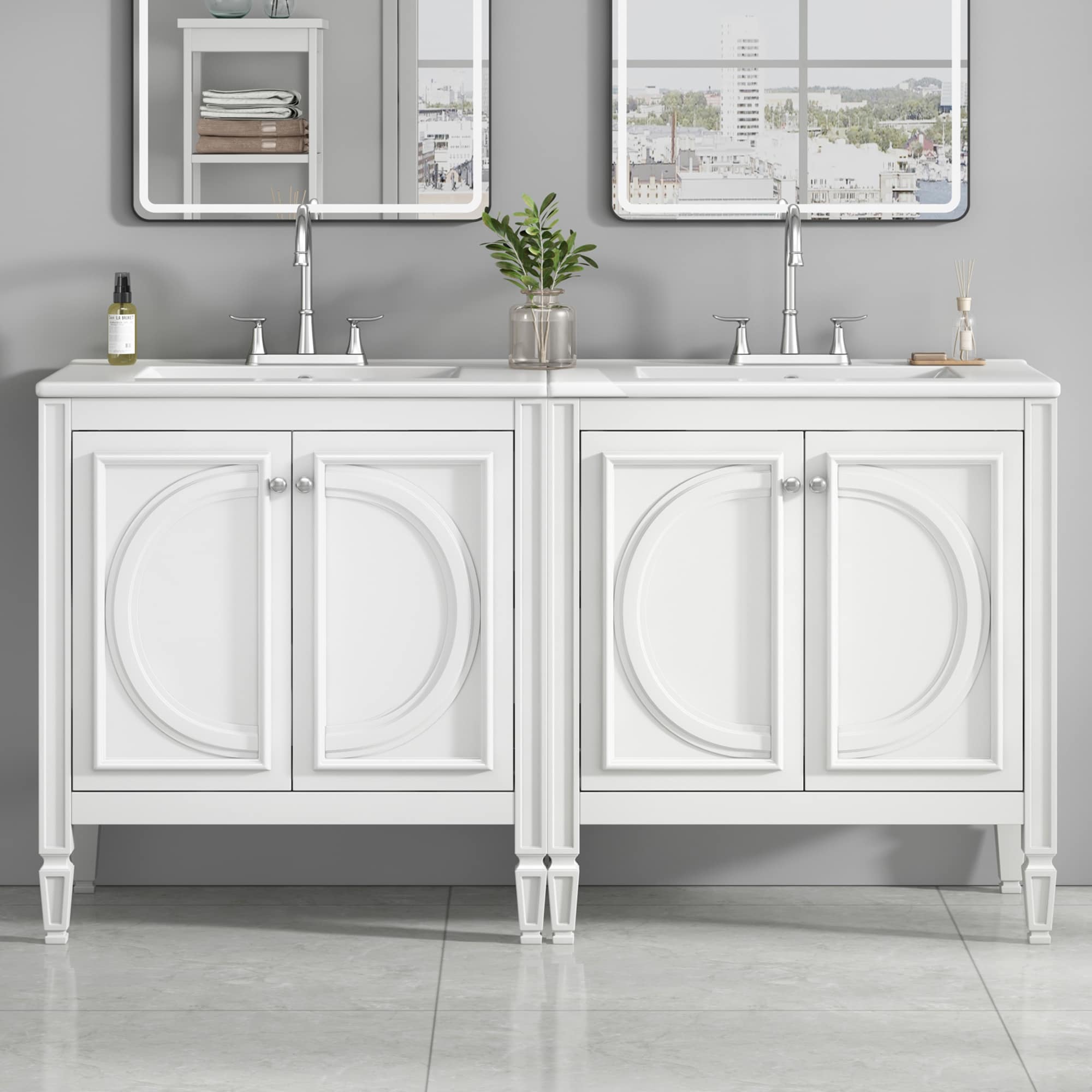 LOVMOR  Freestanding White 60-in Double Sink Bathroom Vanity with White Ceramic Sink Top Needs Assembly Soft Close Adjustable Shelf