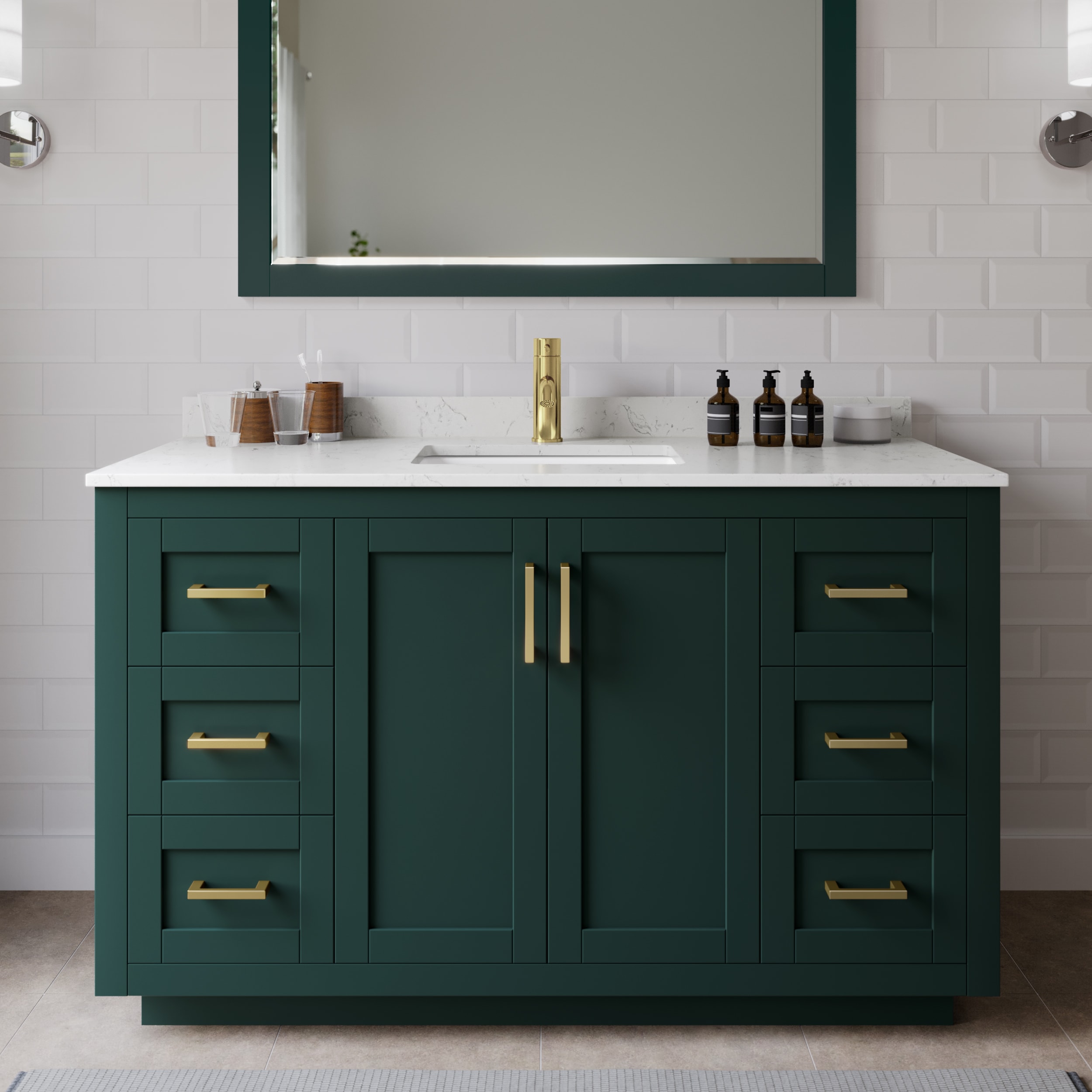Wyndham Collection WCF292954SGDC2UNSMXX Miranda 54-in Green with Brushed Gold Trim Undermount Single sink Bathroom Vanity with Carrara Cultured Marble Cultured marble Top