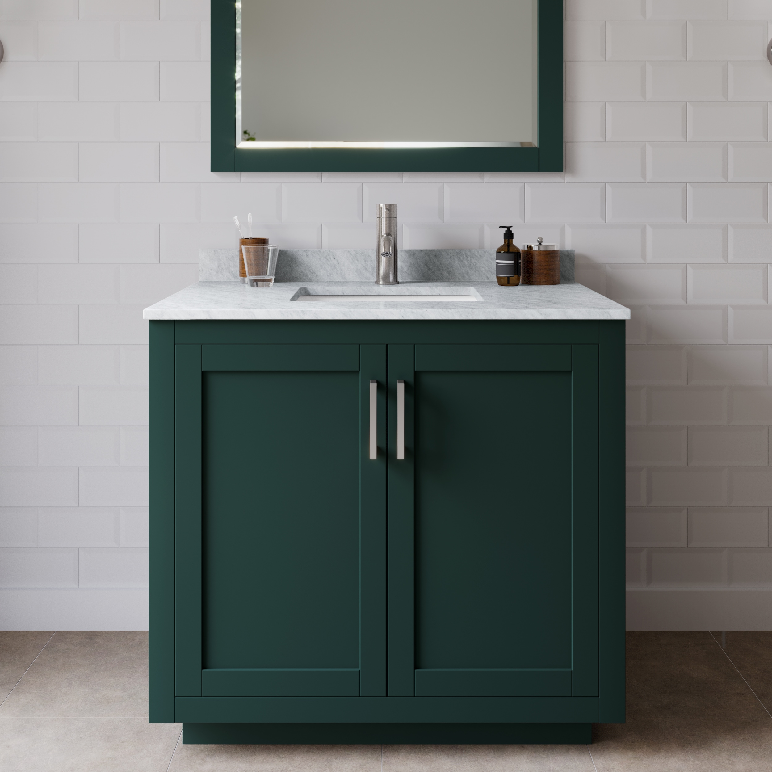 Wyndham Collection WCF292936SGECMUNSMXX Miranda 36-in Green with Brushed Nickel Trim Undermount Single sink Bathroom Vanity with White Carrara Marble Marble Top