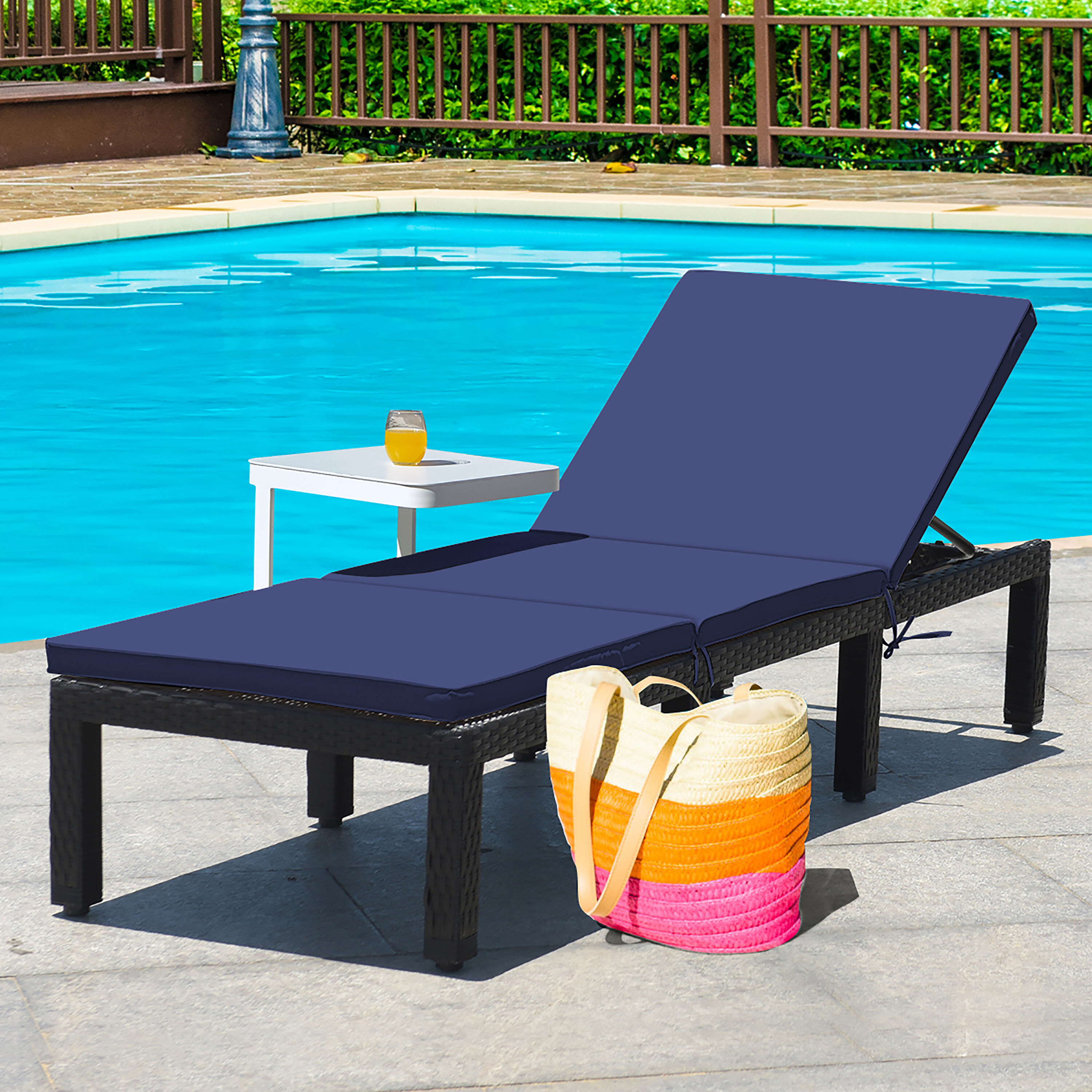 Costway Rattan Navy Rattan Frame Chaise Lounge Chair with Blue Solid ...