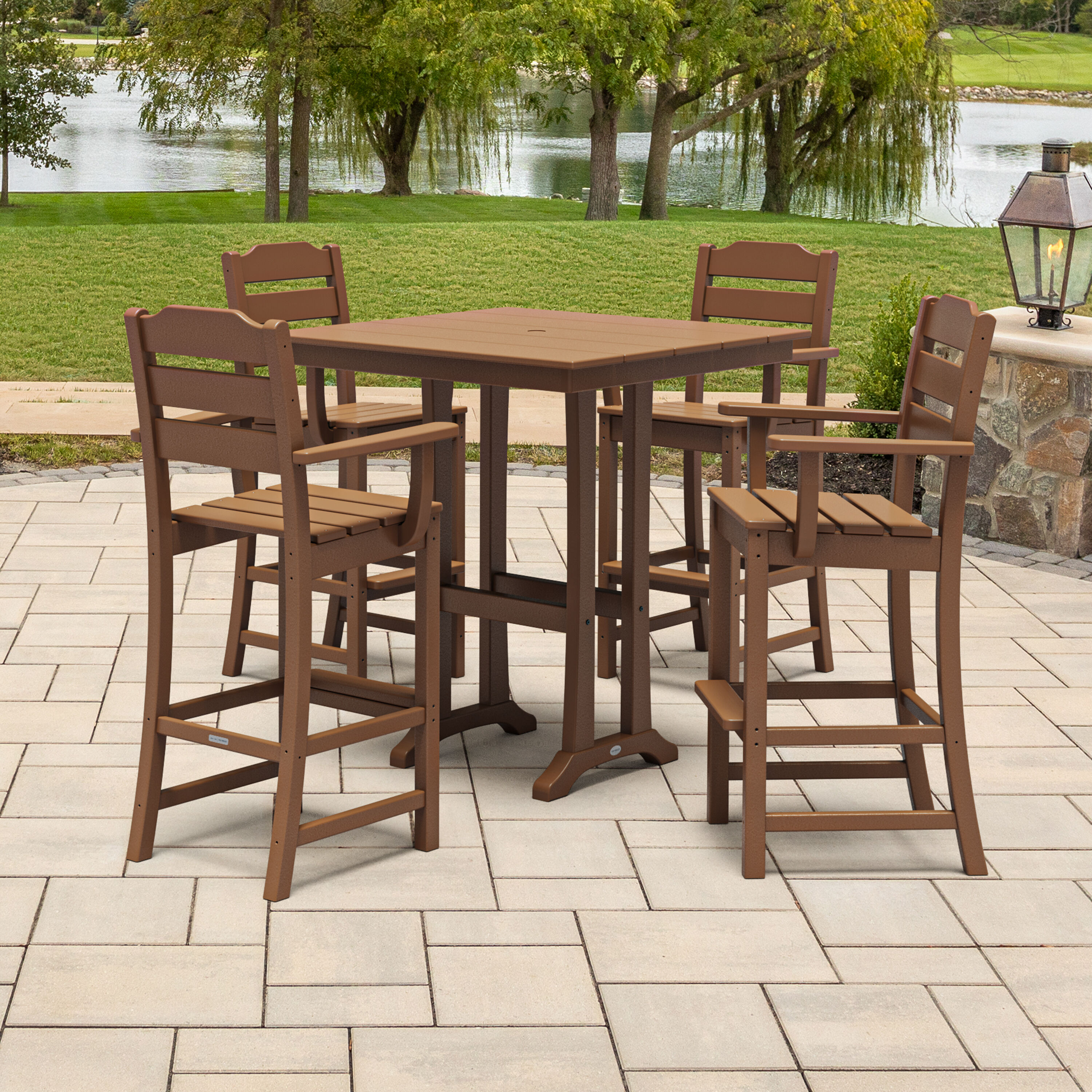 POLYWOOD PWS2539-1-TE Oakport 5 -Piece Teak Bar Height Patio Dining Set Plastic Square Table with 4 Stationary Chairs