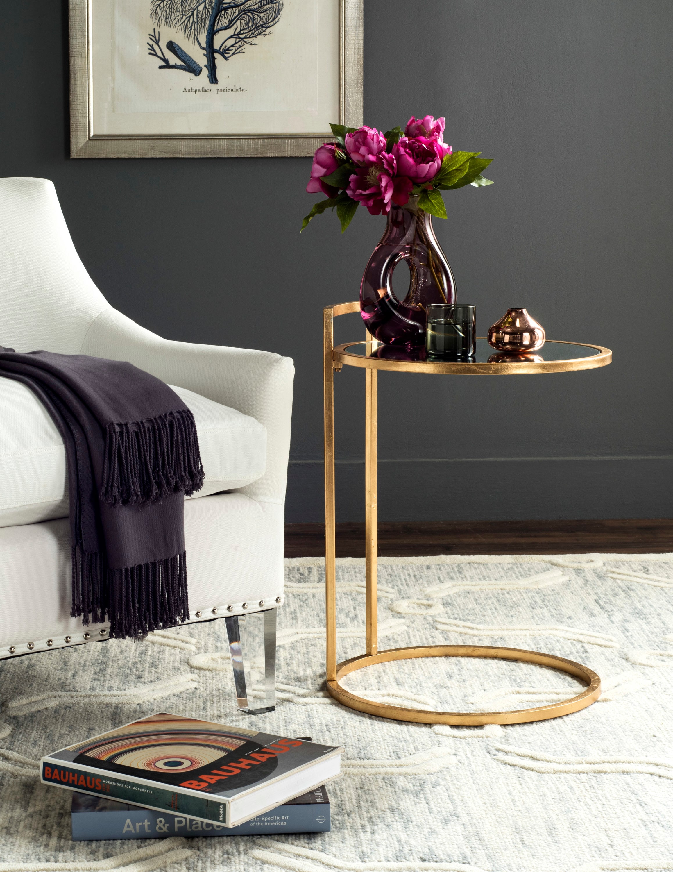 Safavieh FOX2571A Calvin 17.8-in W x 24.0-in H Antique Gold Leaf Glass Round Modern End Table Assembly Required