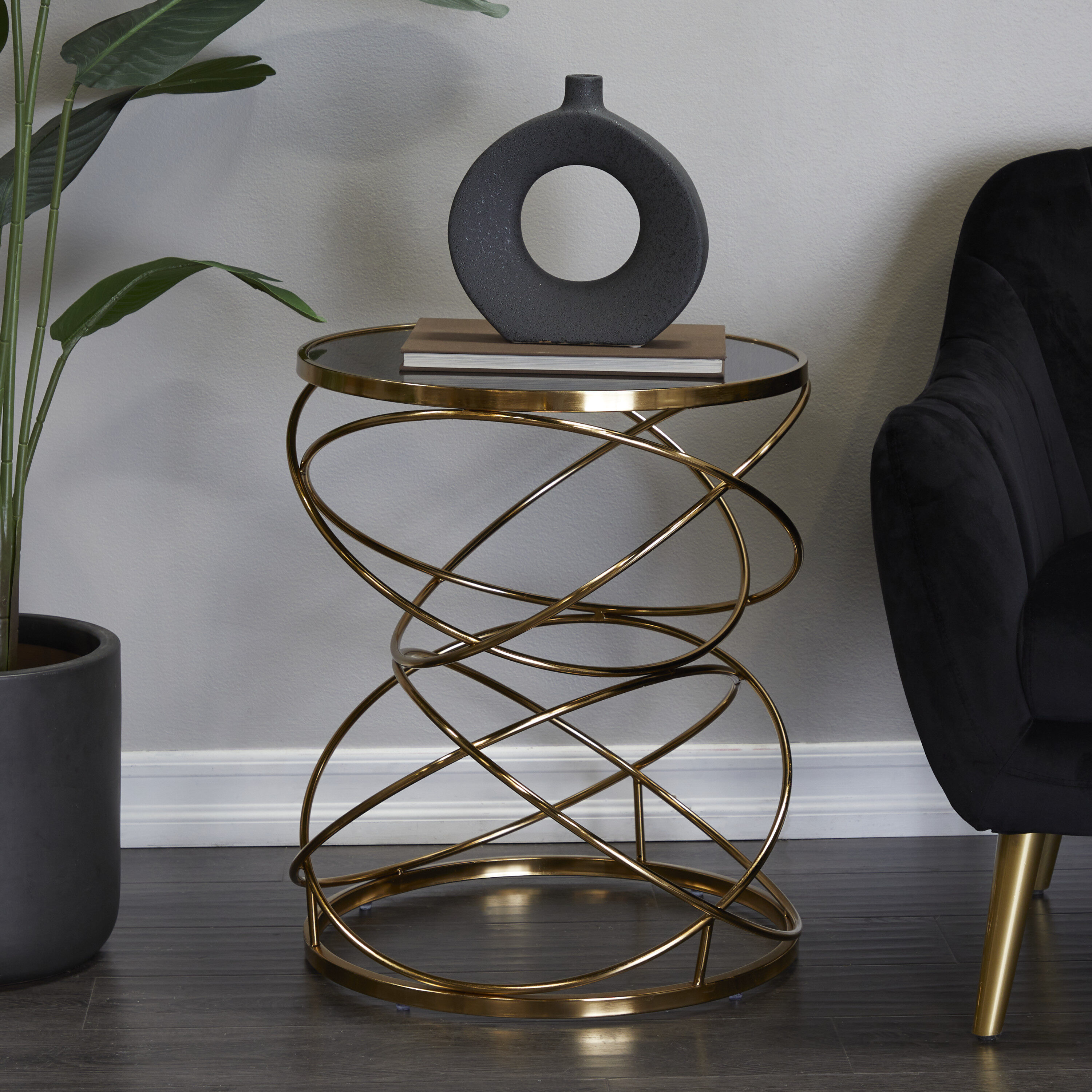 Grayson Lane 36585 20-in W x 24-in H Black with Spiral Base Stone Round Modern End Table
