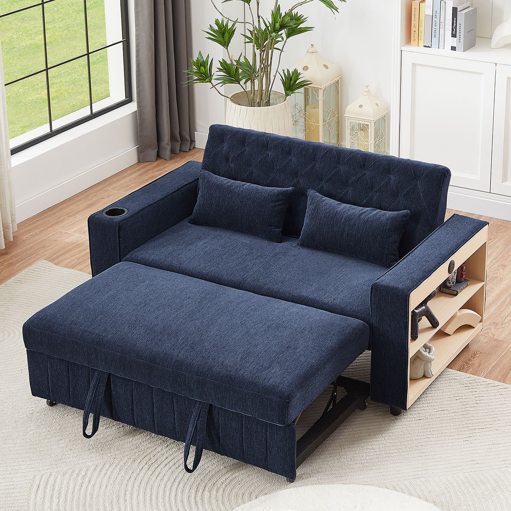 LOVMOR 61.41inch Convertible Tufted Sleeper Sofa Chenille Blue Couch with Pillows Cup Holders Storage for Living Room Assembly one_size