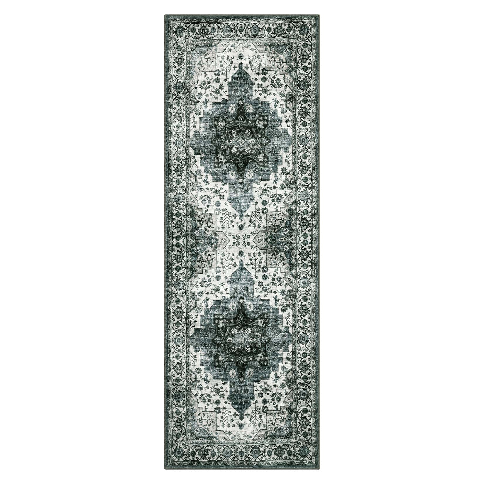 Qeetex LSN-PHO-15FBDLM2 2 x 6 ft Pearl Velvet Gray Green Rectangular Hallway Bathroom Entryway Kitchen Office Foldable Flower Printed Persian Washable Area Rug