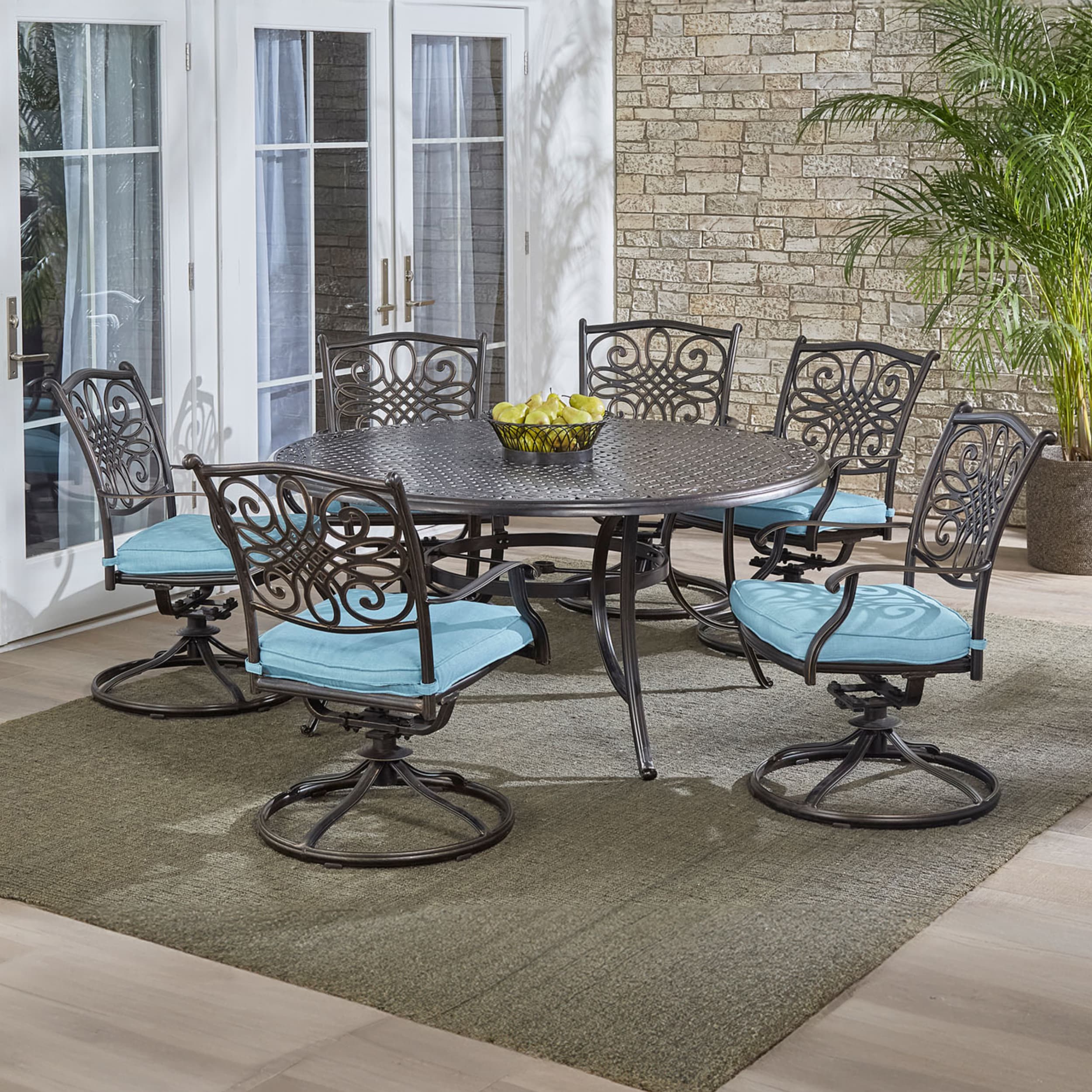 Bronze Cast Aluminum Round Outdoor Dining Set with Blue Cushions