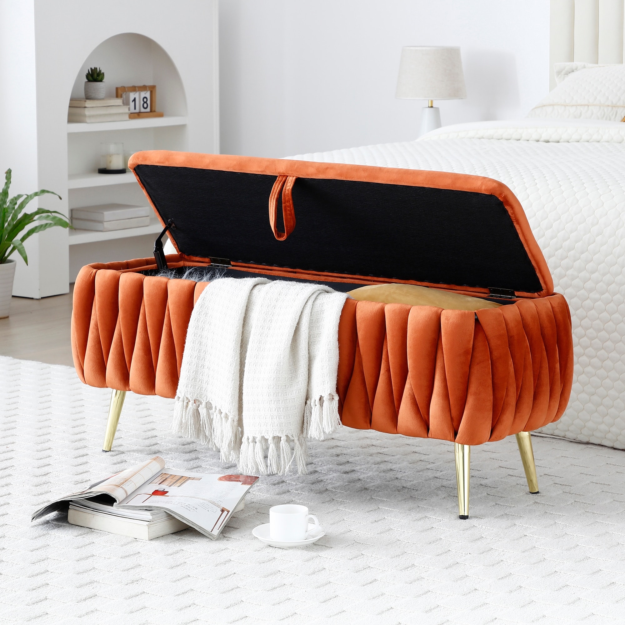 Huluwat XJ Oval Storage Bench with Gold Legs;Velvet Fabric;Woven;Upholstered Ottoman Storage Benches for Bedroom End of Bed;Sherpa Fabric Bench for Living Room;Dining Room;Entryway;Bed Side;Orange;5 colors