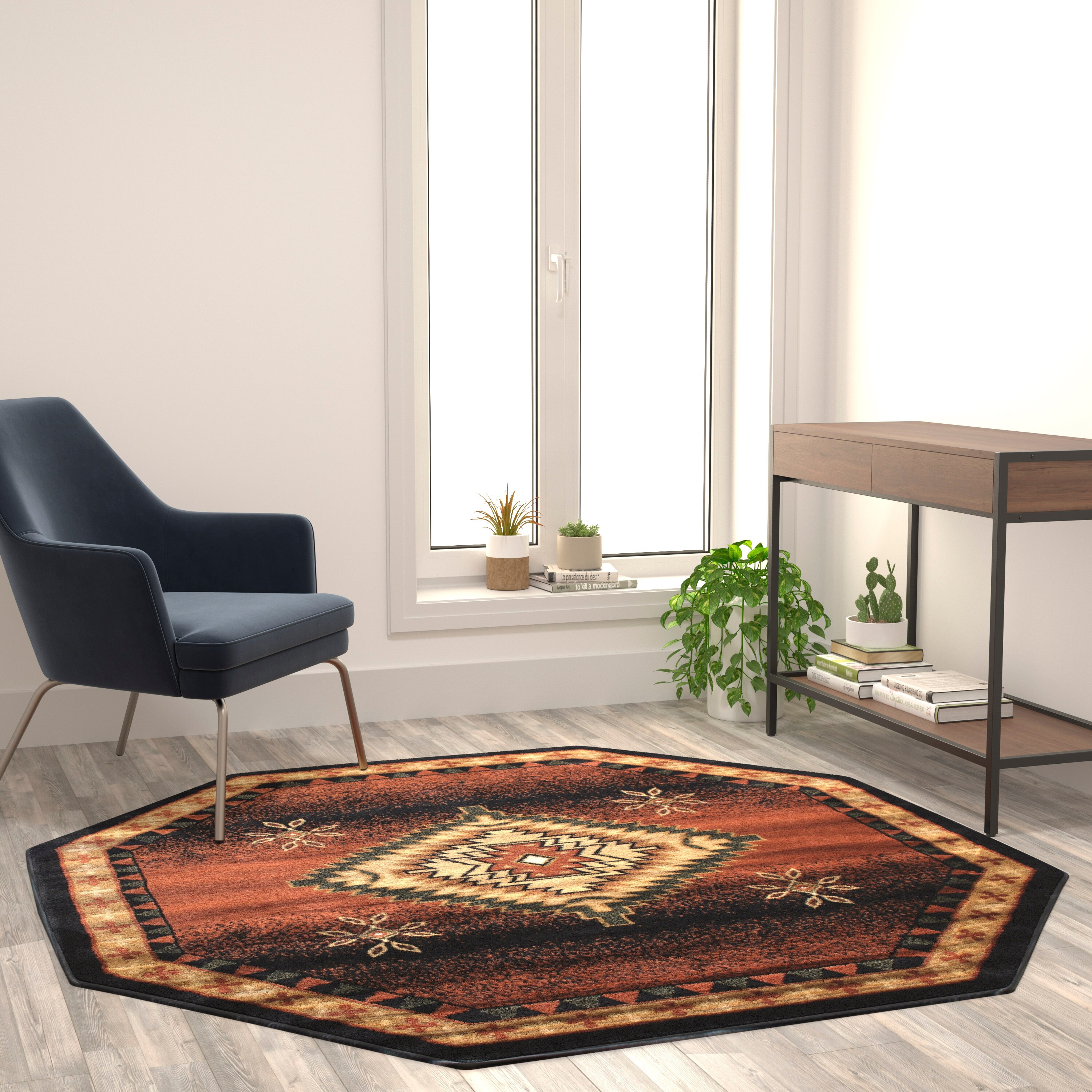 Flash Furniture 840196359328 Mirage 5 x 5 (ft) Polypropylene Black Octagonal Indoor/Outdoor Southwestern Area rug